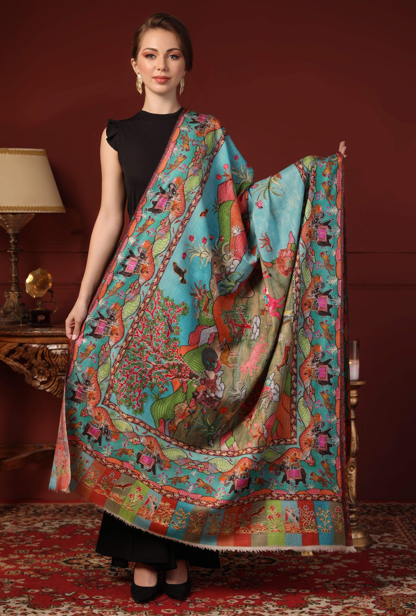 Pashtush India 100x200 Pashtush Womens Pure Wool, Hand Embroidered Kalamkari Shawl, With Woolmark Certificate