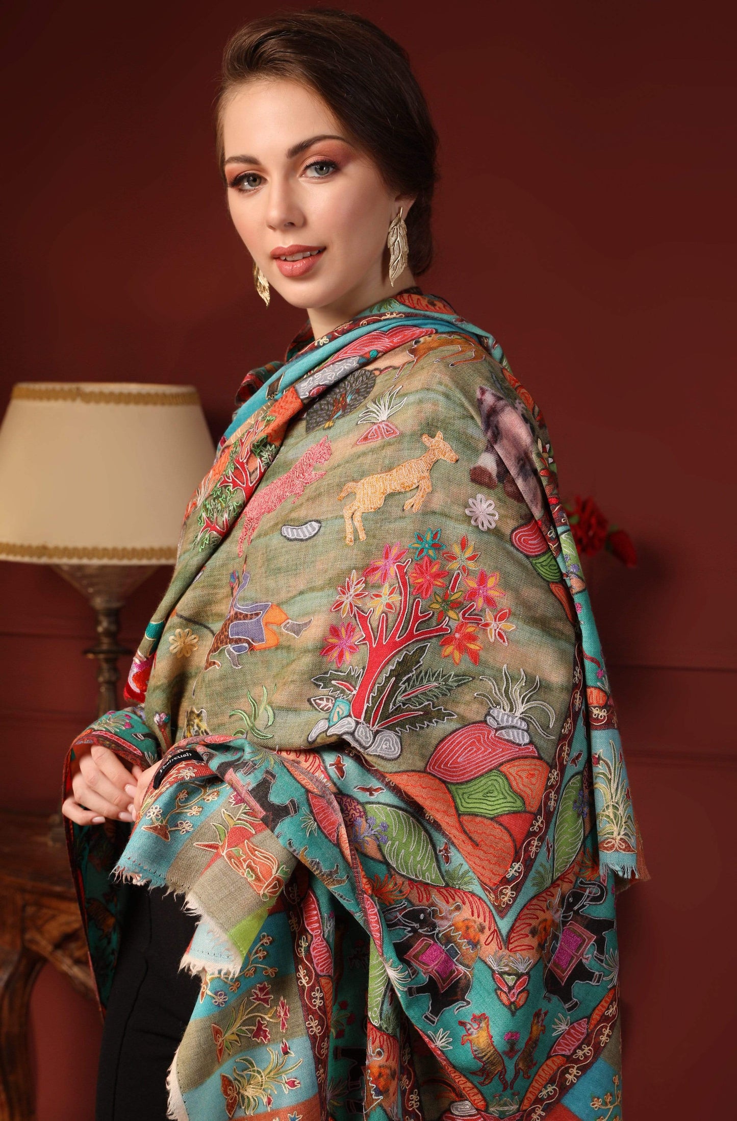 Pashtush India 100x200 Pashtush Womens Pure Wool, Hand Embroidered Kalamkari Shawl, With Woolmark Certificate