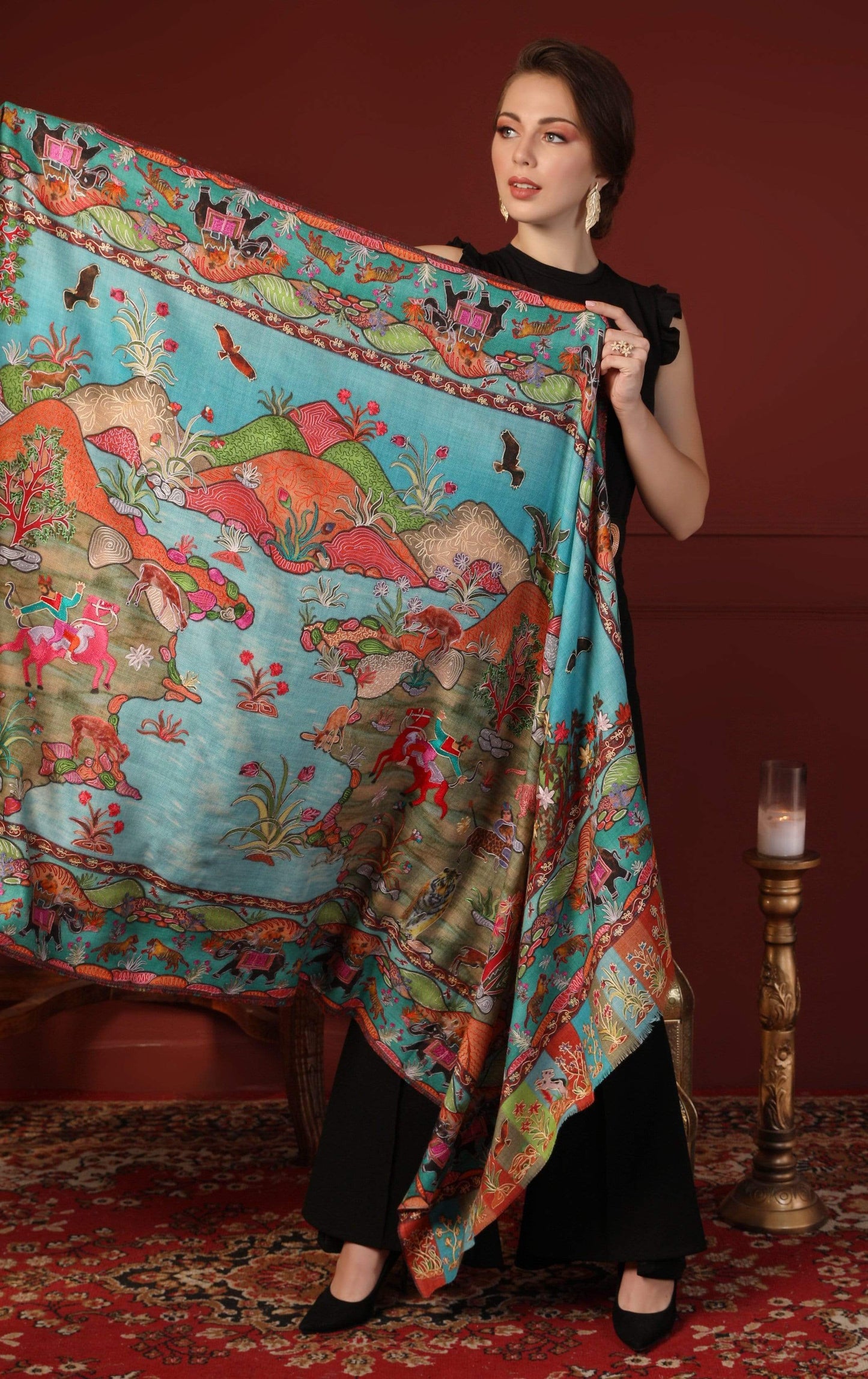 Pashtush India 100x200 Pashtush Womens Pure Wool, Hand Embroidered Kalamkari Shawl, With Woolmark Certificate
