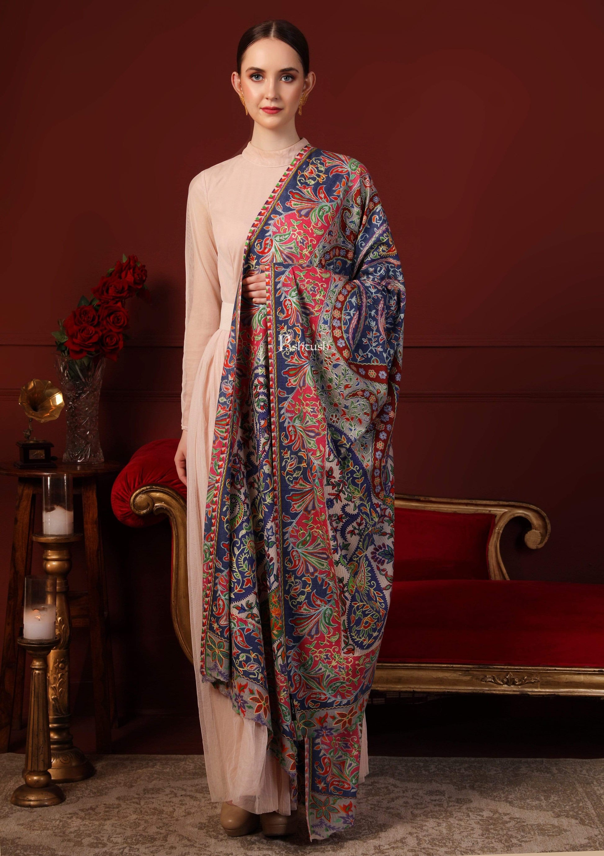 Pashtush India 100x200 Pashtush Womens Pure Wool, Hand Embroidered Kalamkari Shawl, With Woolmark Certificate
