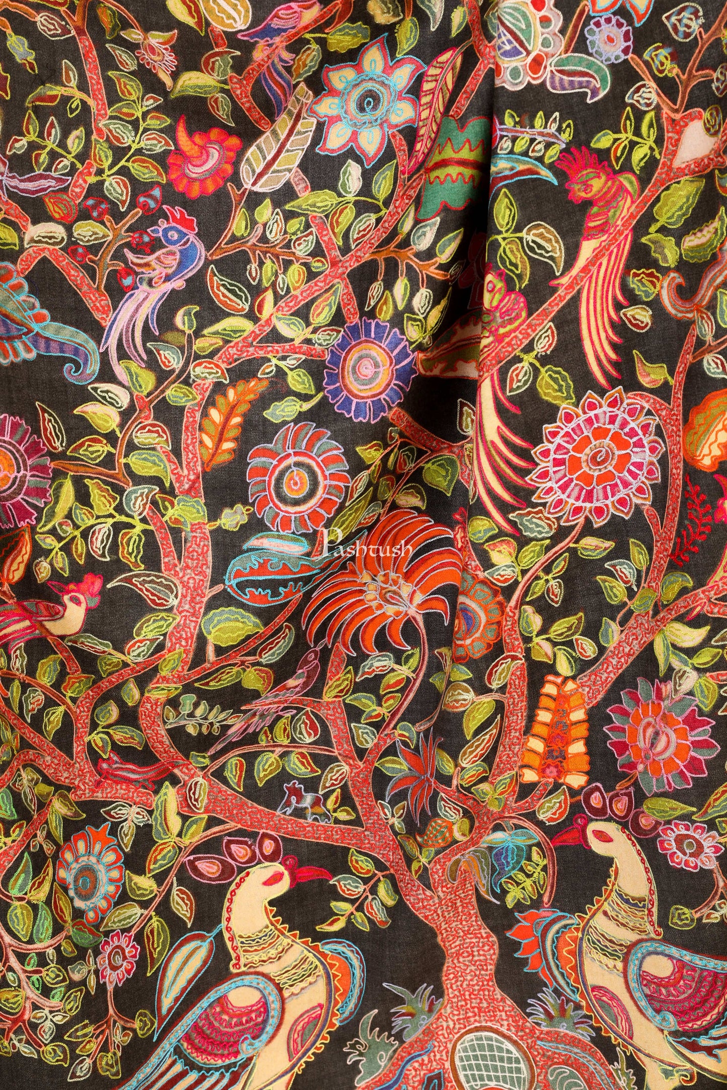Pashtush India 100x200 Pashtush Womens Pure Wool, Hand Embroidered Kalamkari Shawl, With Woolmark Certificate