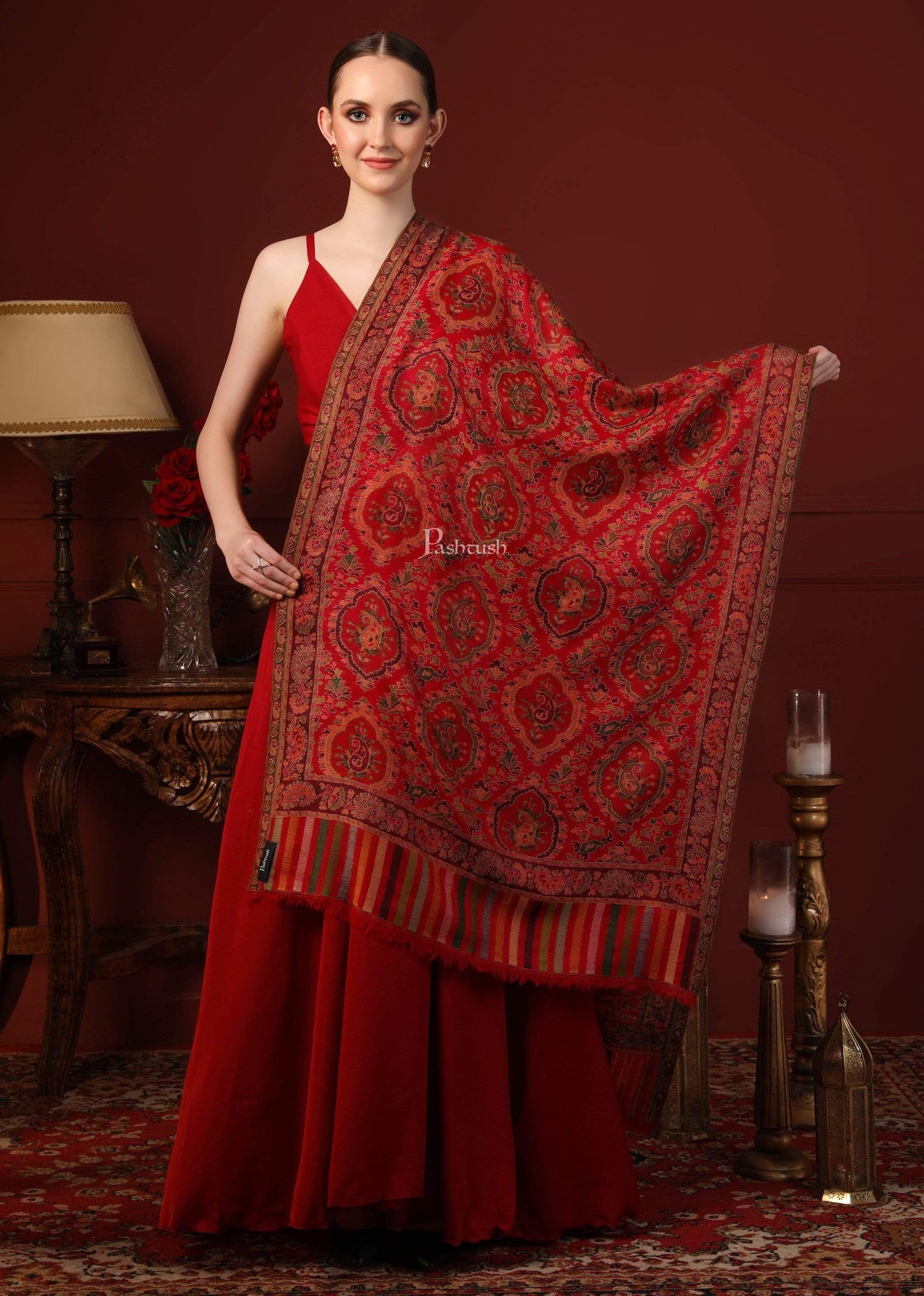 Pashtush India 70x200 Pashtush Womens Pure Wool Kaani Stole, With Woolmark Certification