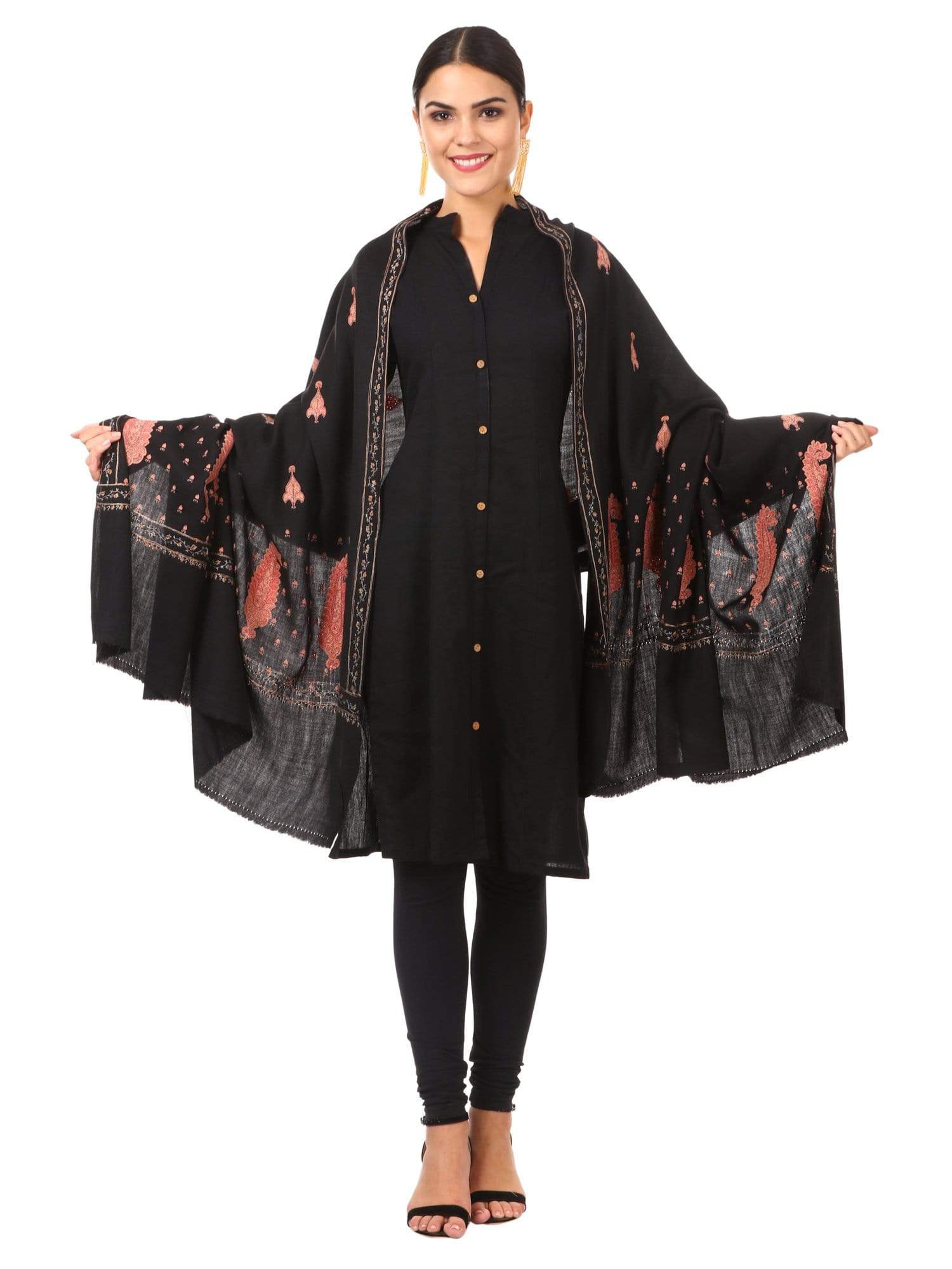 Pashtush Shawl Store Shawl Pashtush womens Pure Wool Kashmiri Embroidery Shawl Black