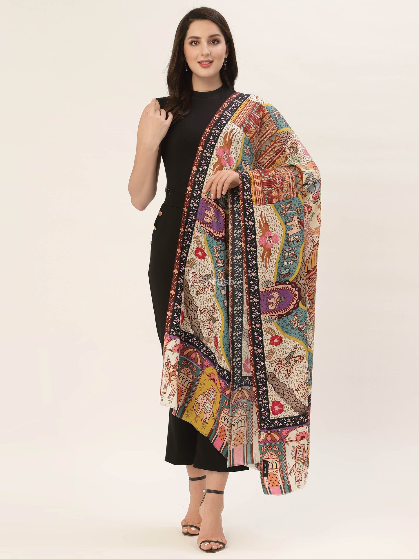 Pashtush India Womens Shawls Pashtush Womens, Pure Wool, Printed Darbar Shawl, Woolmark Certified.