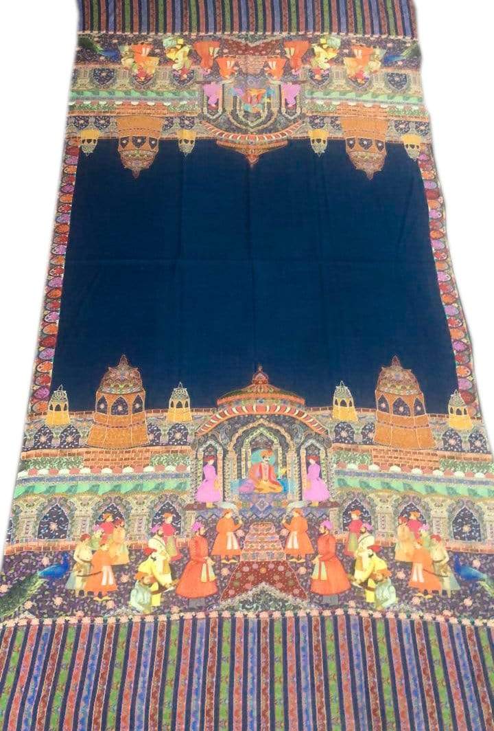 Pashtush India 100x200 Pashtush Womens, Pure Wool, Printed Mughal Darbar Shawl, Woolmark Certified, navy blue
