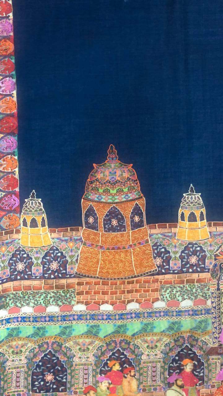 Pashtush India 100x200 Pashtush Womens, Pure Wool, Printed Mughal Darbar Shawl, Woolmark Certified, navy blue