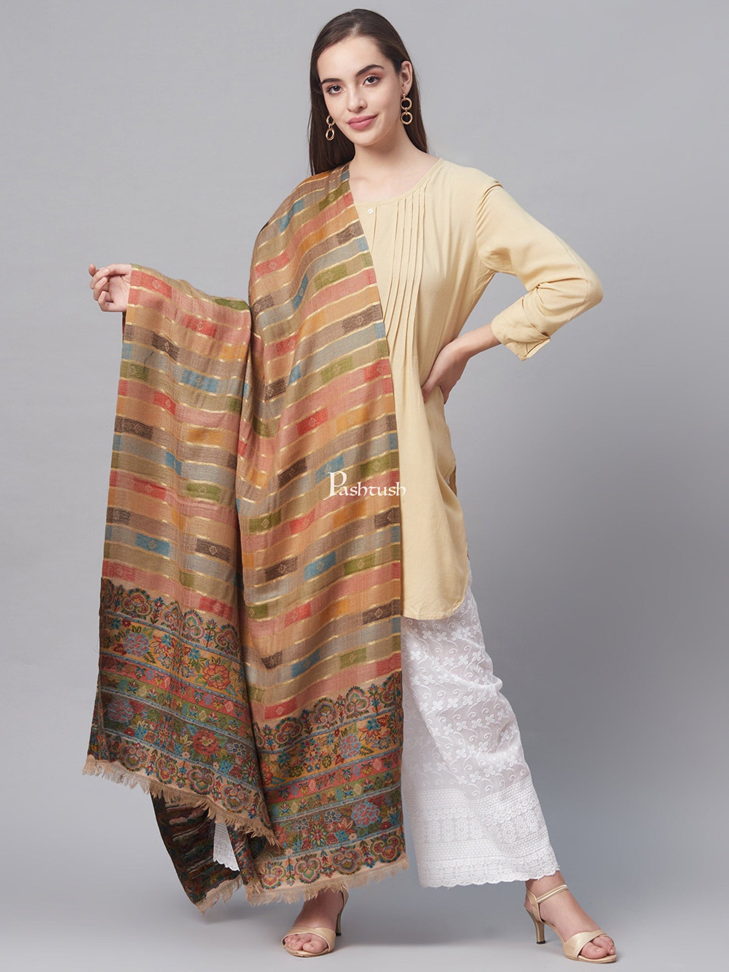 Pashtush India Womens Stoles and Scarves Scarf Pashtush Womens Pure Wool Woven Design Ethnic Stole Beige