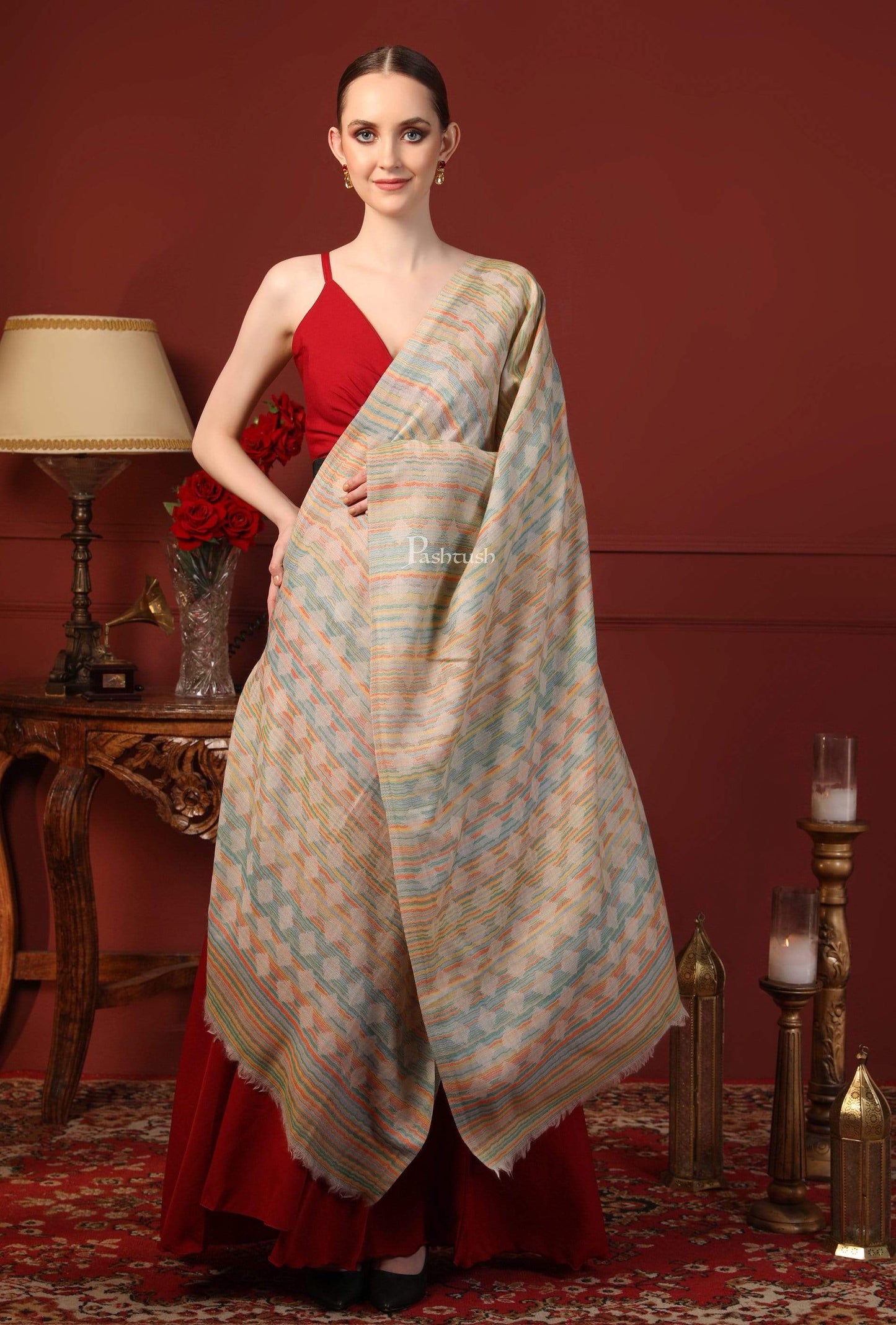 Pashtush India 70x200 Pashtush Womens Reversible Stole, 100% Pure Wool With Woolmark Certification