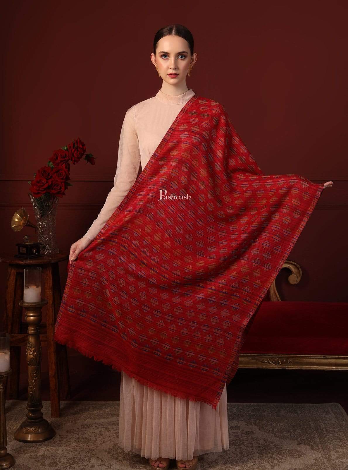 Pashtush India 70x200 Pashtush Womens Reversible Stole, 100% Pure Wool With Woolmark Certification, Red