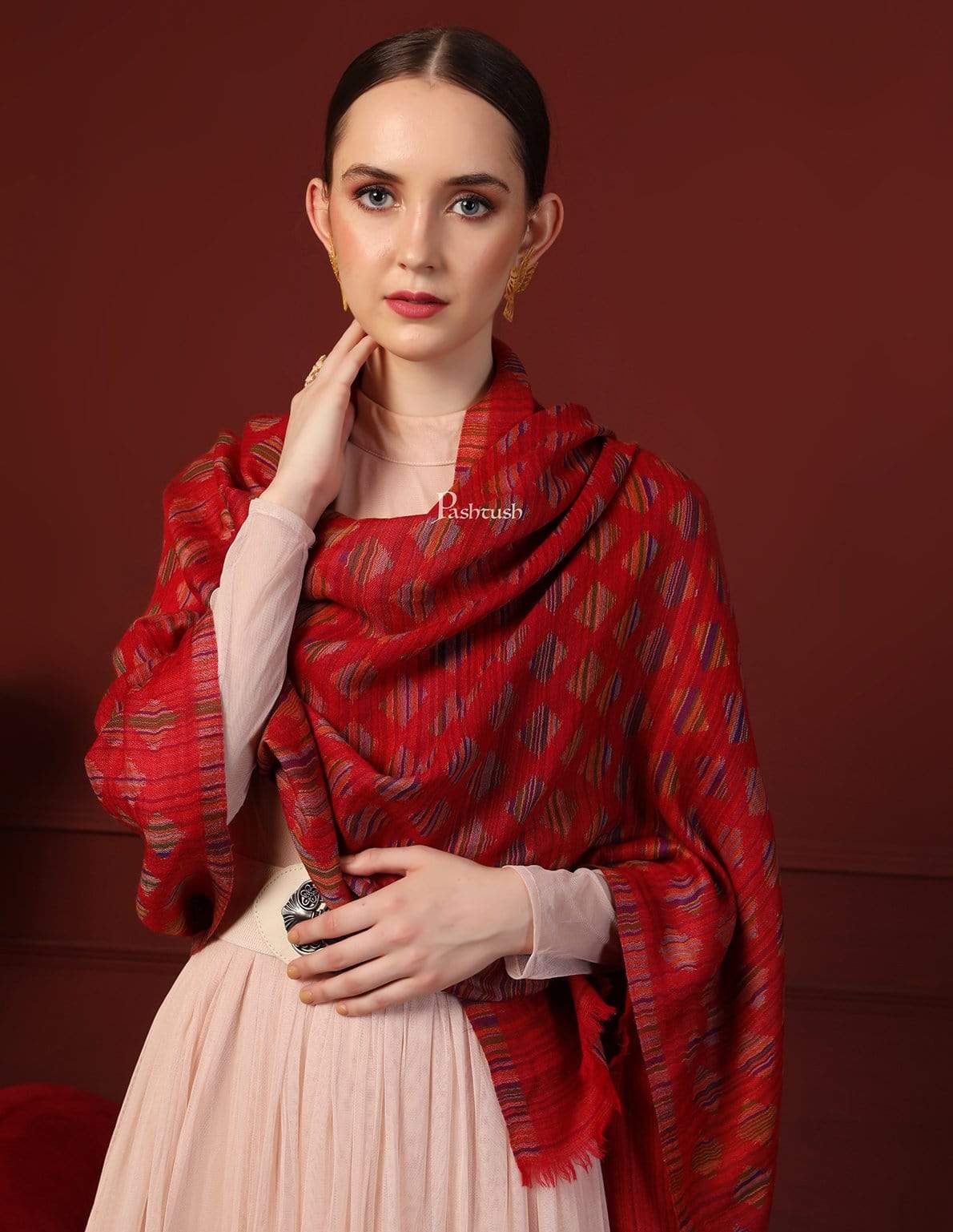 Pashtush India 70x200 Pashtush Womens Reversible Stole, 100% Pure Wool With Woolmark Certification, Red