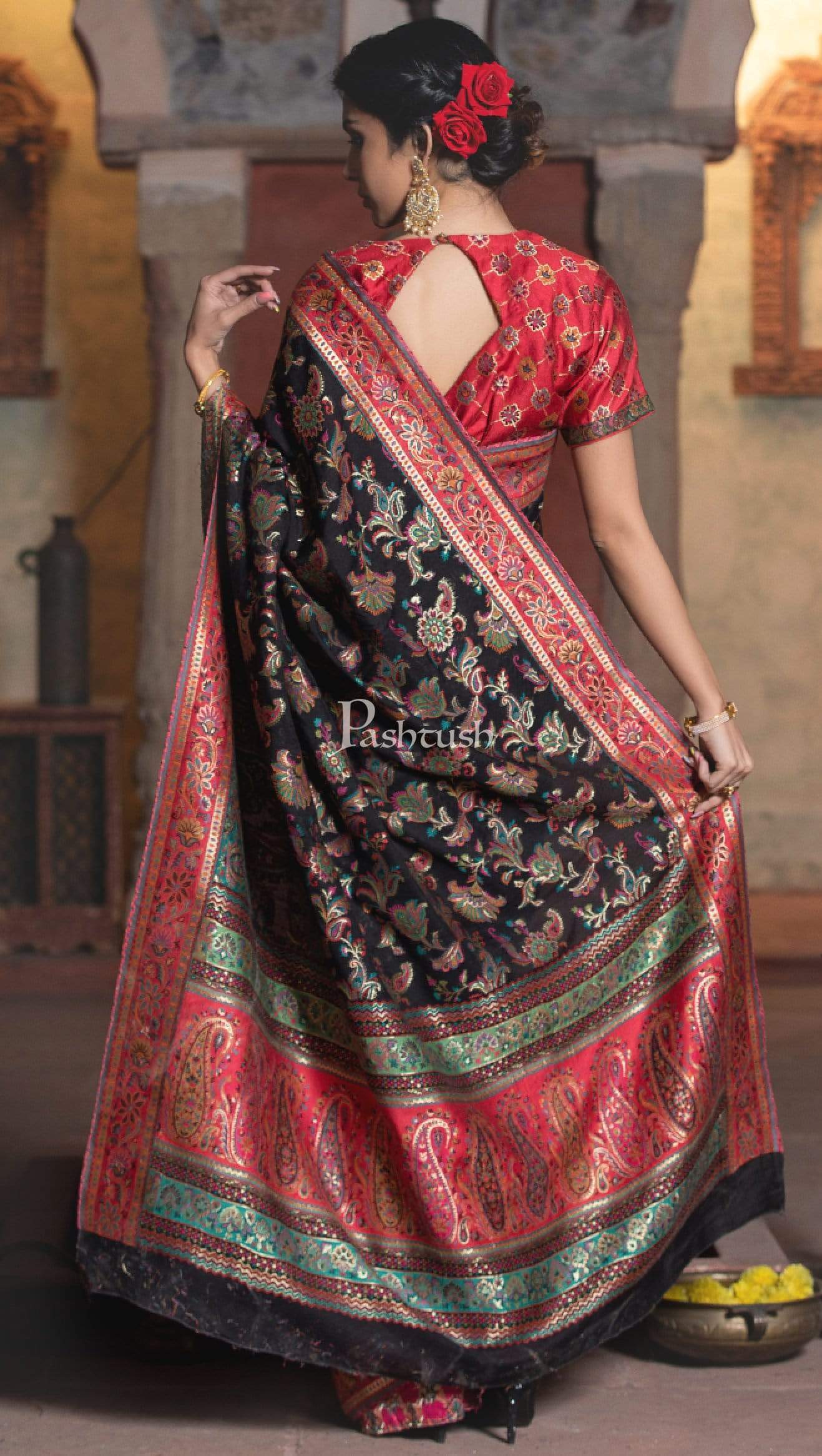 Pashtush Shawl Store 5.80 m x 1 m Pashtush Womens Saree, Kaani Weave, Deep Black, Extra Fine Silk