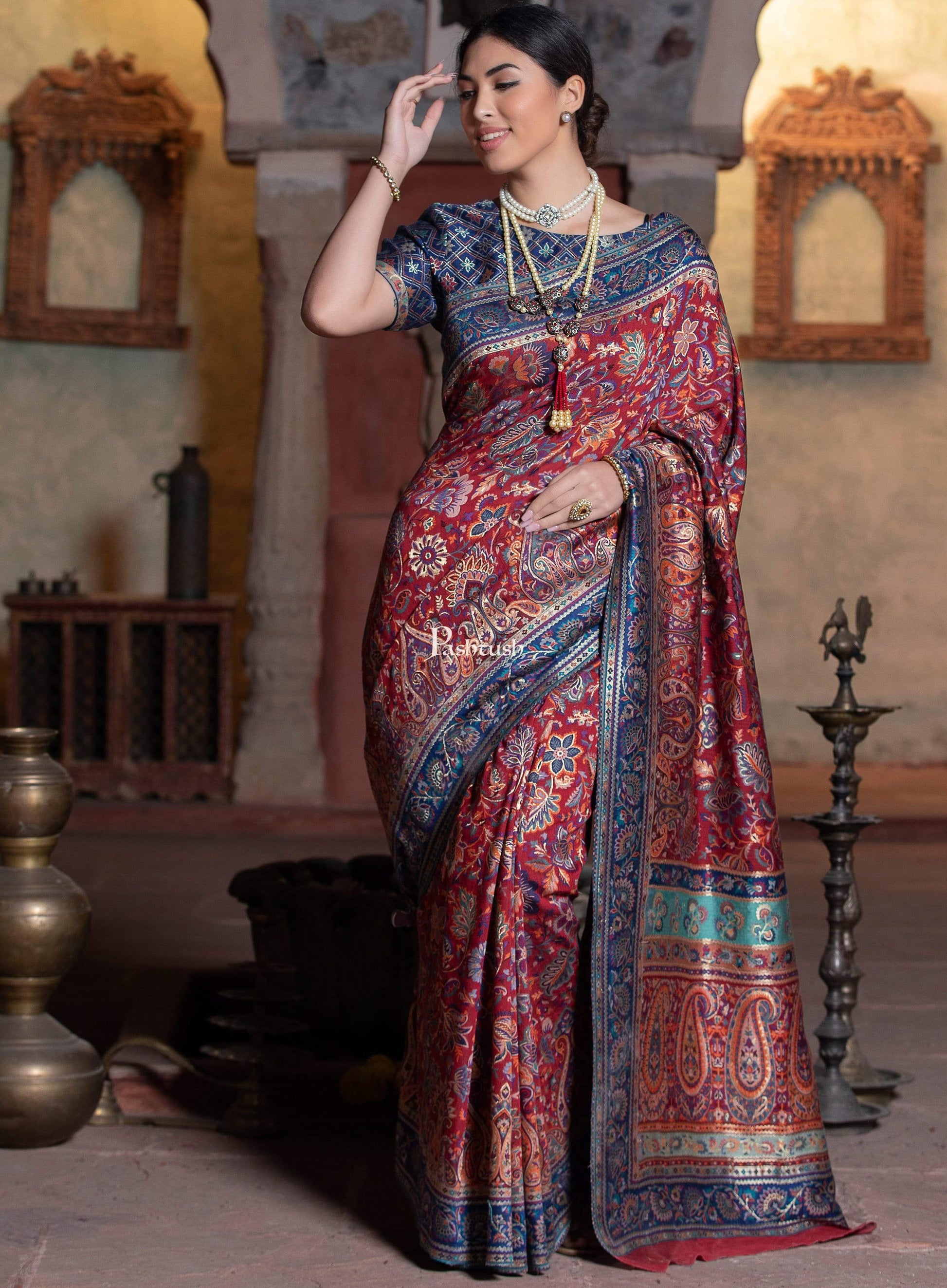 Pashtush Shawl Store 5.80 m x 1 m Pashtush Womens Saree, Kaani Weave, Extra Fine Silk, Deep Blue and Crimson