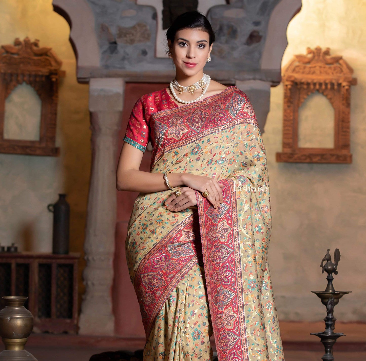 Pashtush Shawl Store 5.80 m x 1 m Pashtush Womens Saree, Kaani Weave, Extra Fine Silk, Pastel Hues (with the fall)