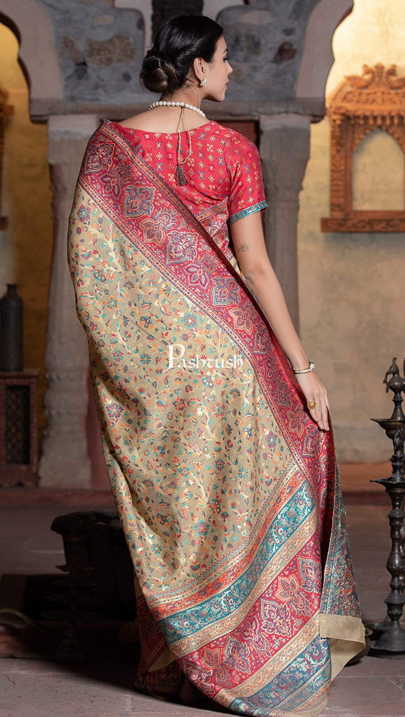 Pashtush Shawl Store 5.80 m x 1 m Pashtush Womens Saree, Kaani Weave, Extra Fine Silk, Pastel Hues (with the fall)