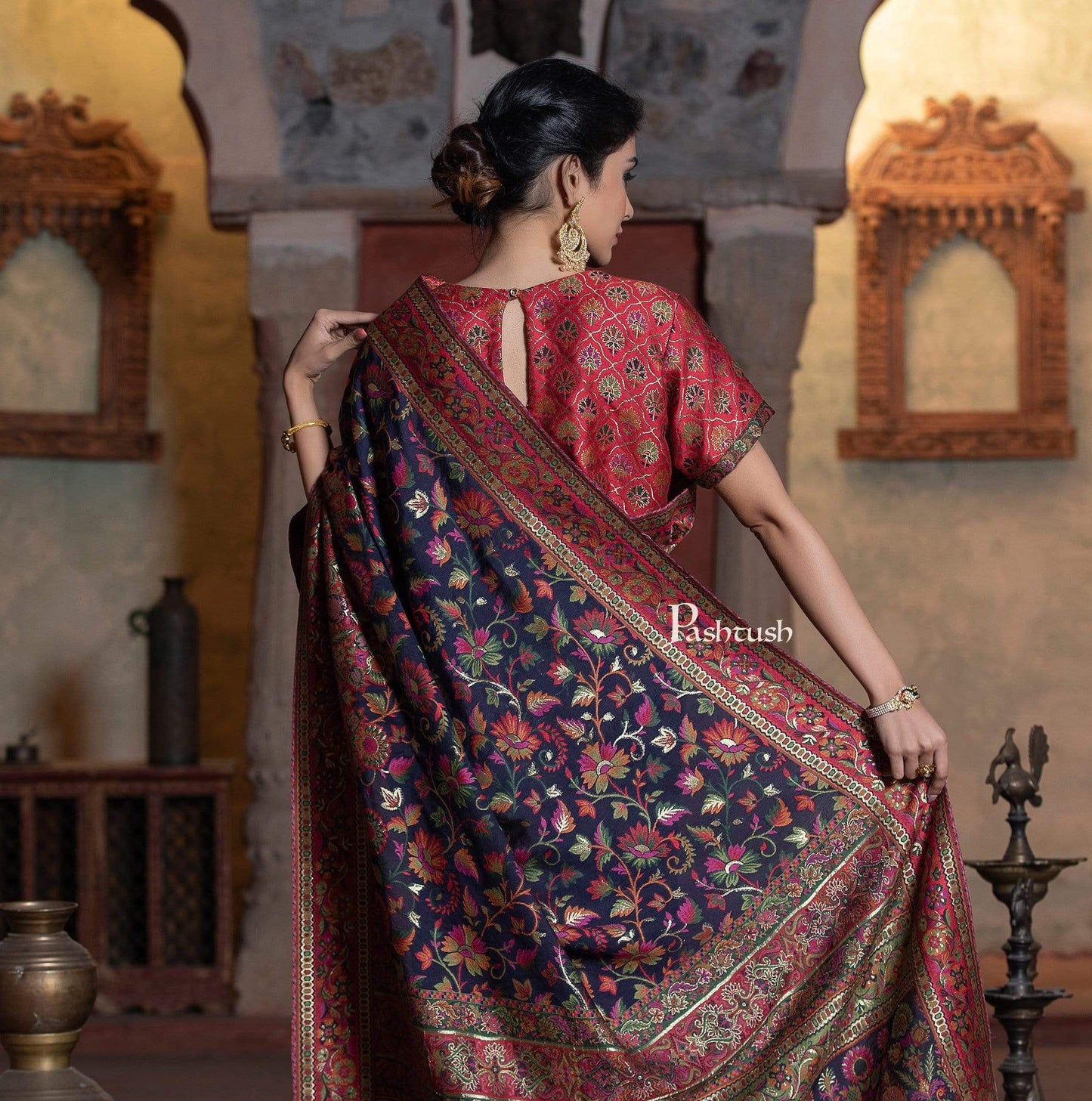 Pashtush Shawl Store 5.80 m x 1 m Pashtush Womens Saree, Kaani Weave, Extra Fine Silk, Ultra Light Weight, Multicoloured Sari
