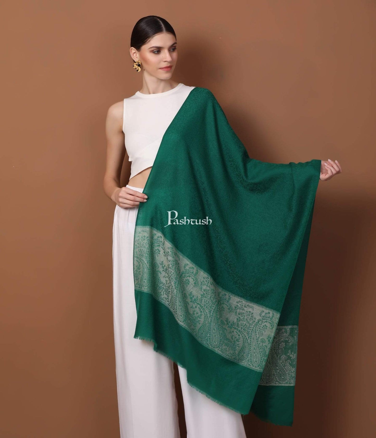 Pashtush India 70x200 Pashtush Womens Scarf with Chanting Paisleys Design, Soft and Warm, Emerald Green