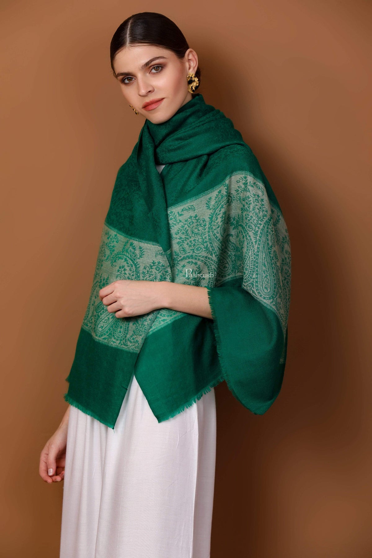 Pashtush India 70x200 Pashtush Womens Scarf with Chanting Paisleys Design, Soft and Warm, Emerald Green