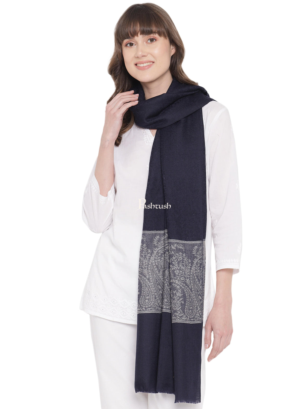 Pashtush India Womens Stoles and Scarves Scarf Pashtush Womens Self Stole, Fine Wool, Paisley Palla Weave, Navy Blue