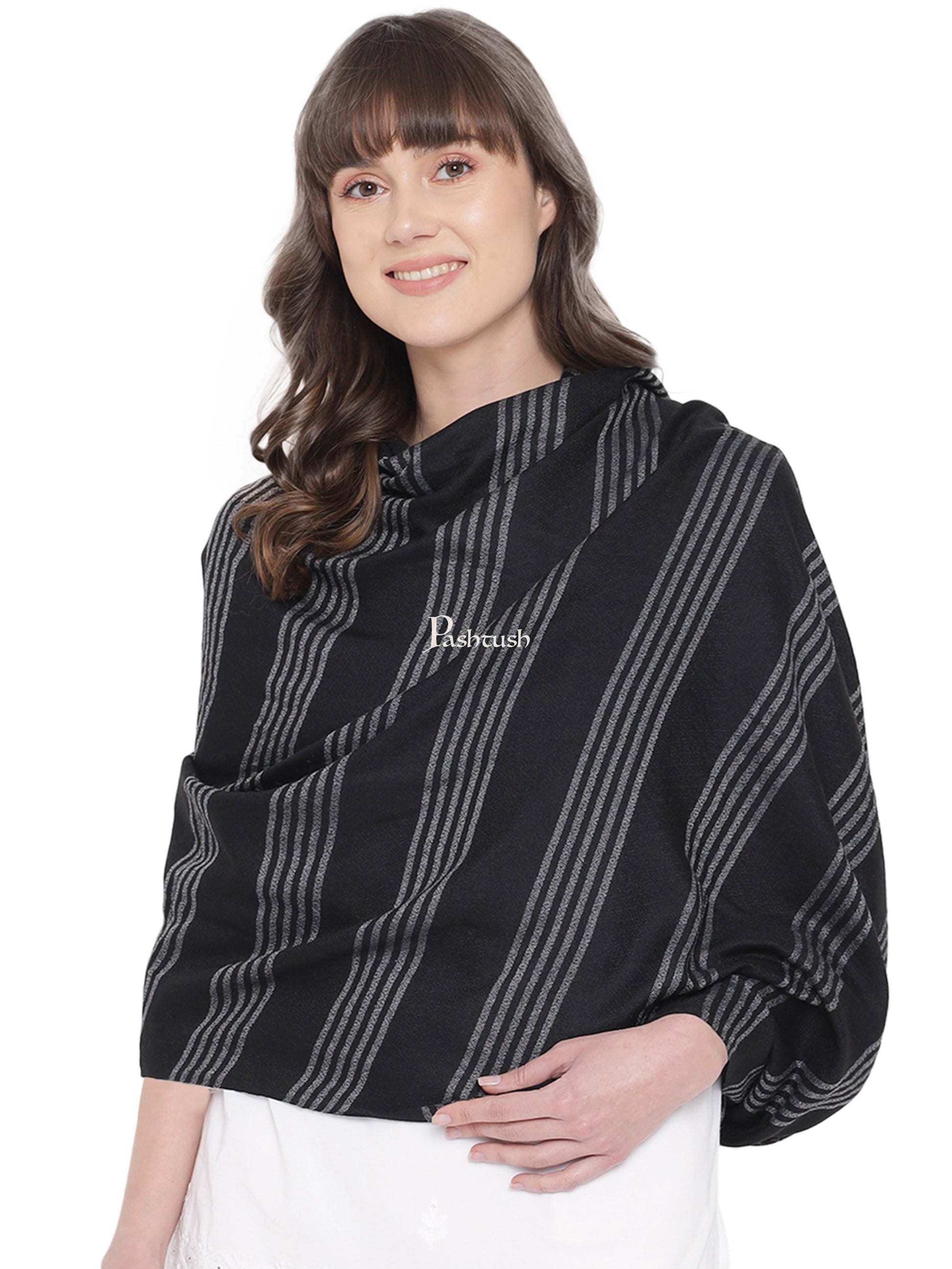 Pashtush India Womens Stoles and Scarves Scarf Pashtush Womens Self Stole, Fine Wool, Striped Weave, Black