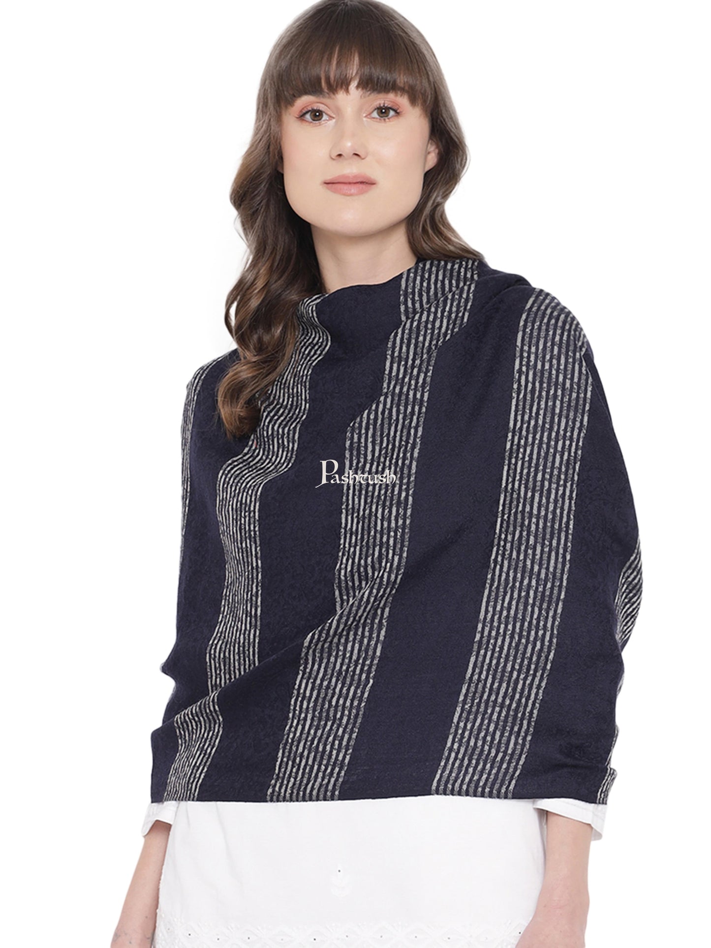 Pashtush India Womens Stoles and Scarves Scarf Pashtush Womens Self Stole, Fine Wool, Striped Weave, Navy Blue