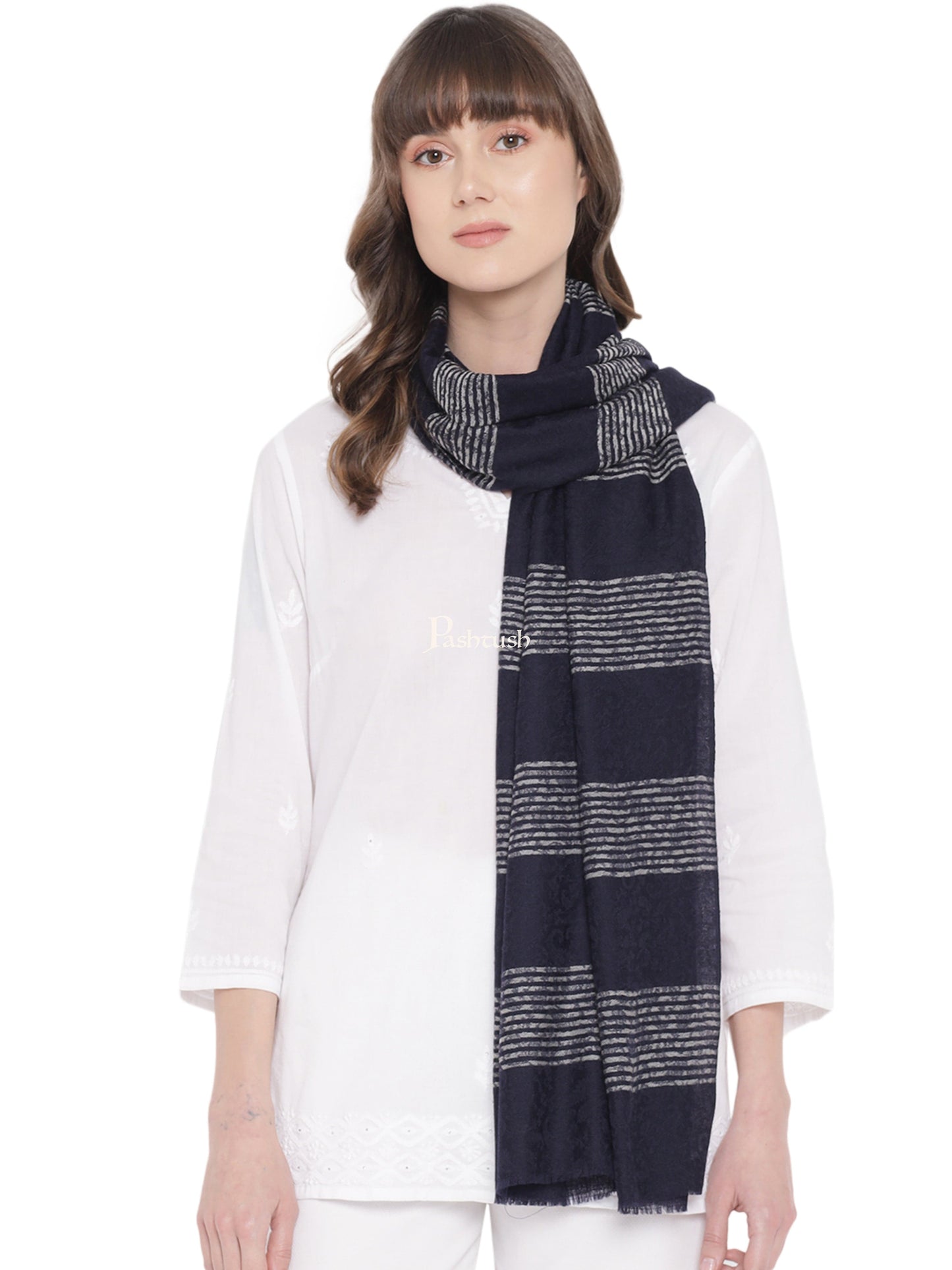 Pashtush India Womens Stoles and Scarves Scarf Pashtush Womens Self Stole, Fine Wool, Striped Weave, Navy Blue