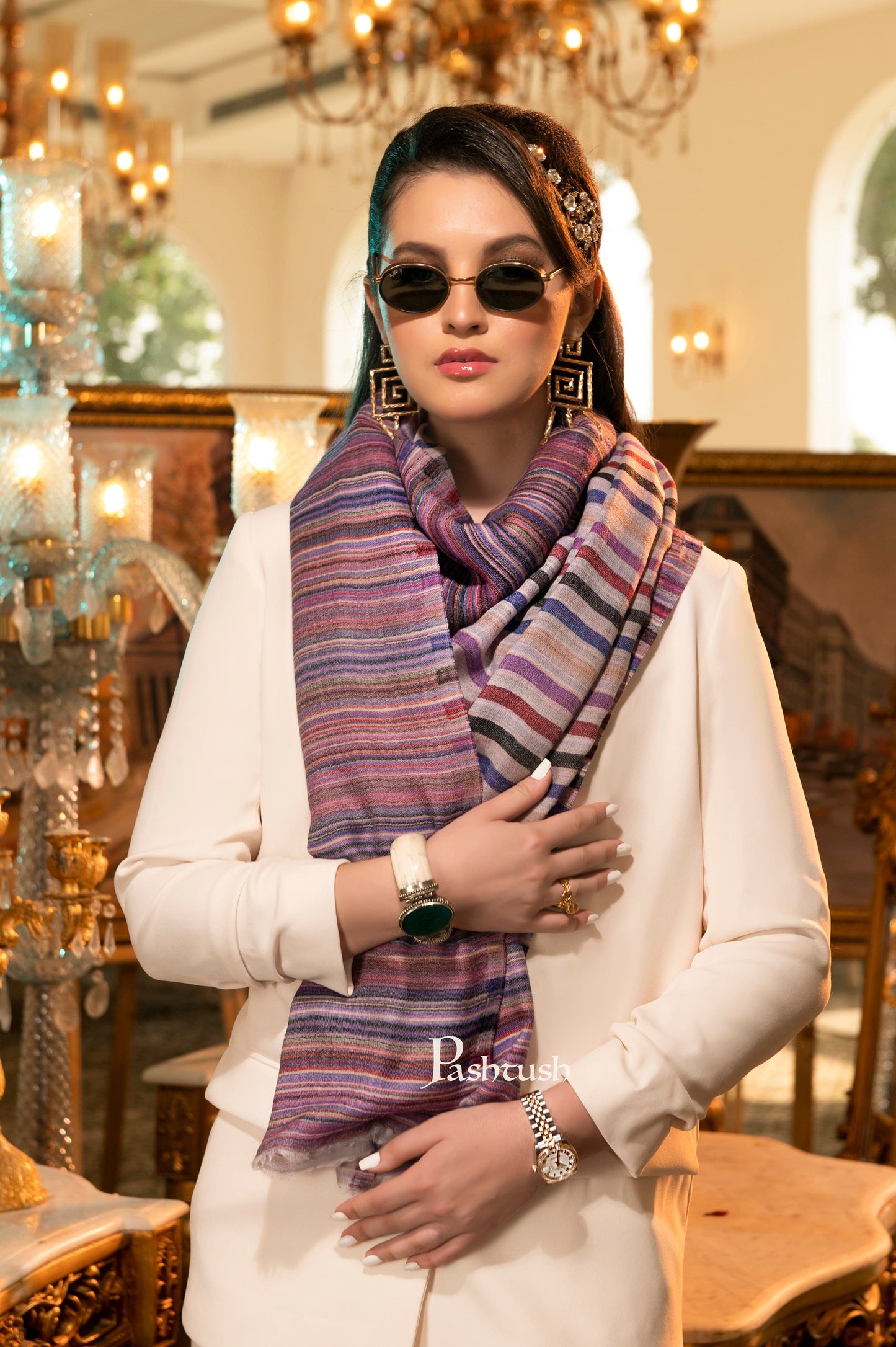 Pashtush India Womens Shawls Pashtush Womens Shawl, Cashmere Blended, Extra Fine Wool, Reversible Weave, Striped