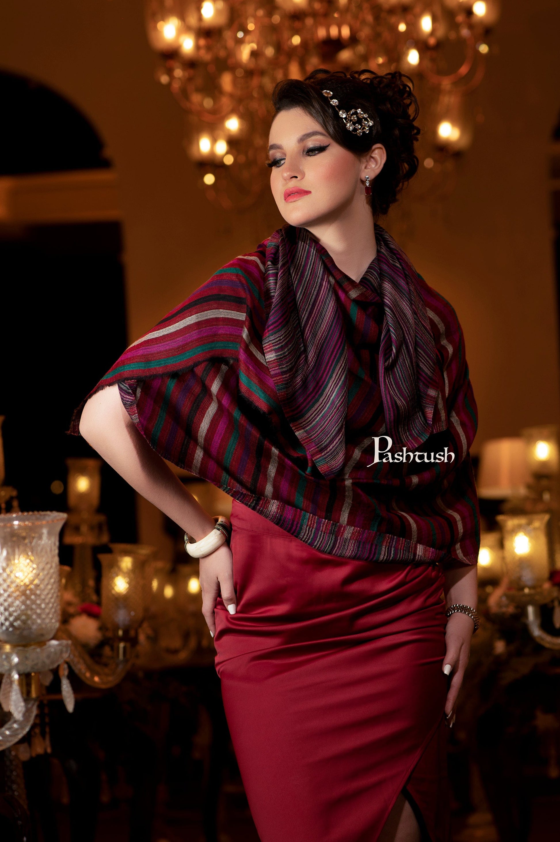 Pashtush India Womens Shawls Pashtush Womens Shawl, Cashmere Wool Blend, Extra Fine Wool, Reversible Weave, Striped Crimson
