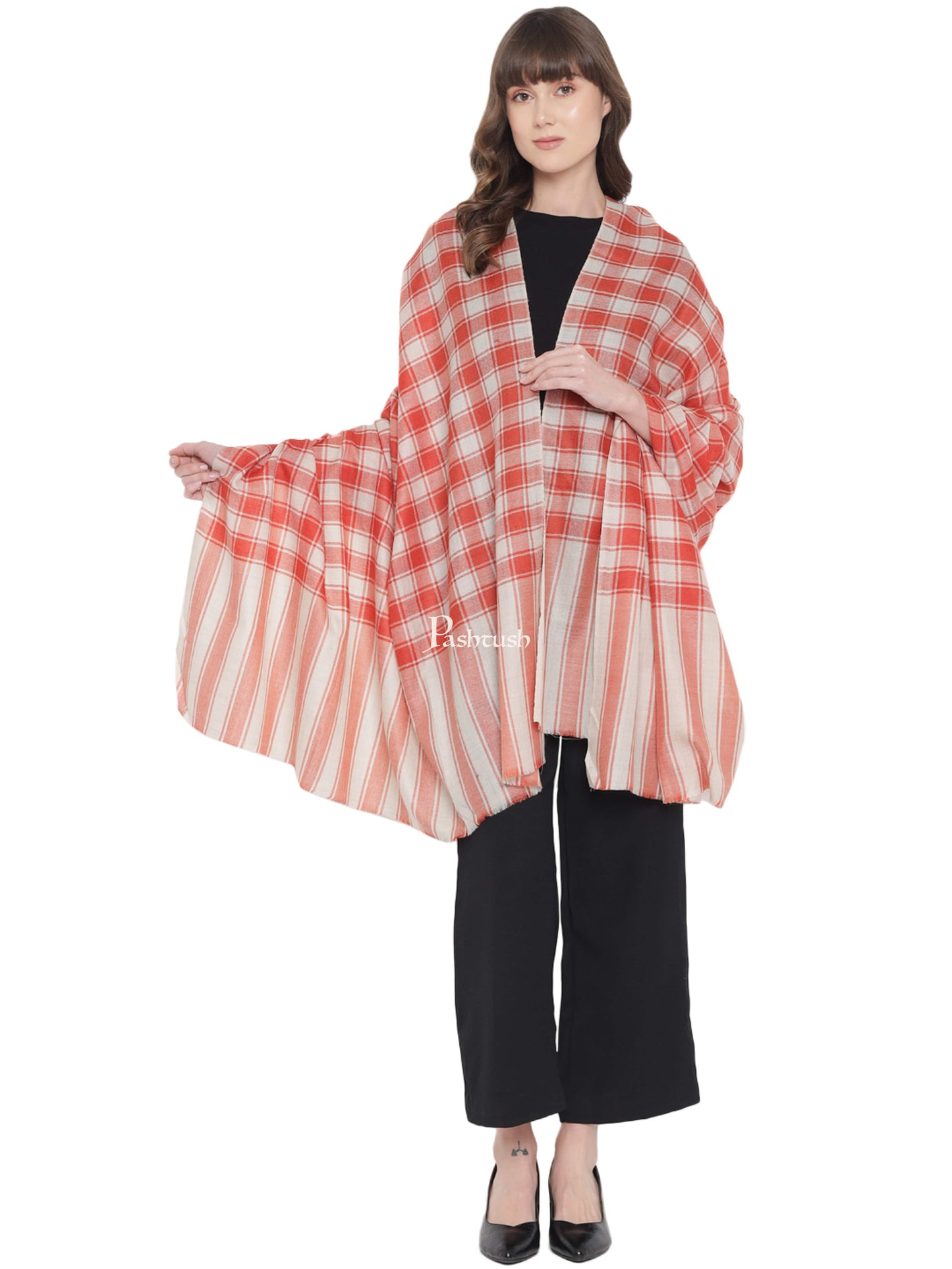 Pashwool Womens Shawls Pashtush Womens Shawl, Checkered Weave, Soft Fine Wool, Beige and orange