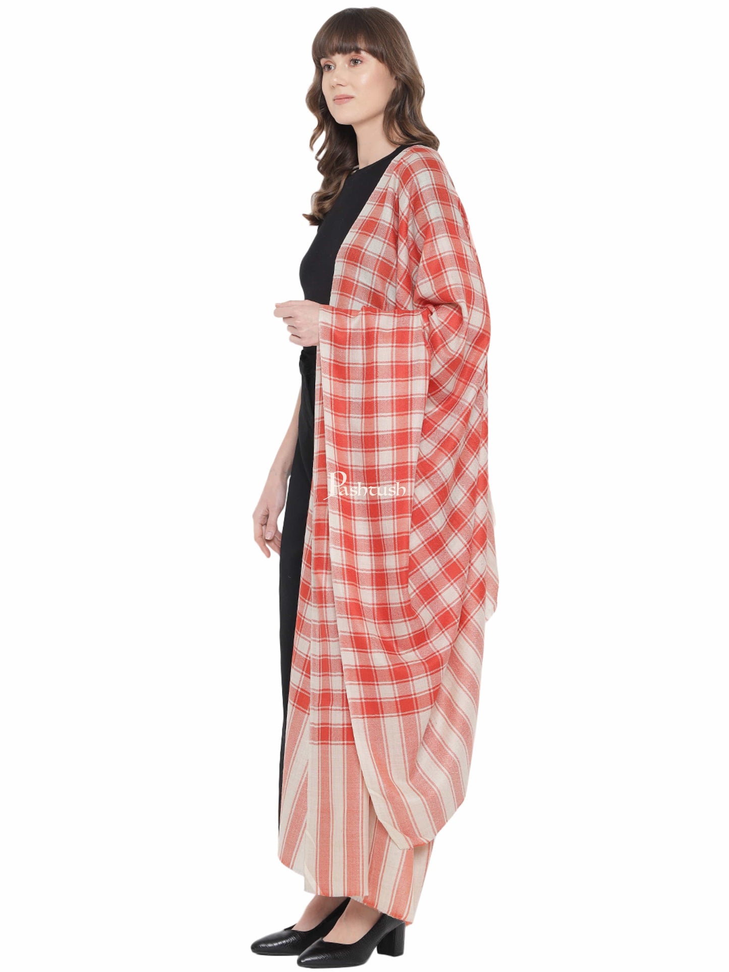 Pashwool Womens Shawls Pashtush Womens Shawl, Checkered Weave, Soft Fine Wool, Beige and orange