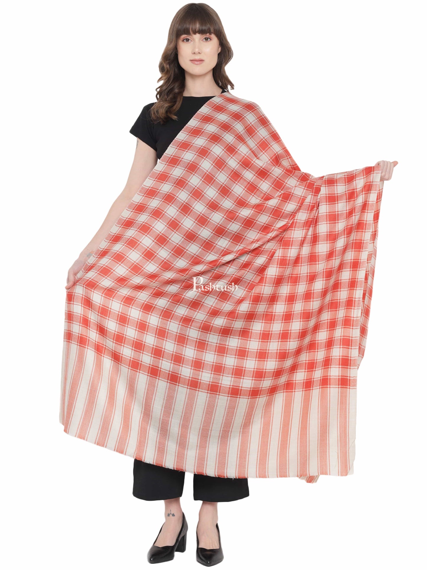 Pashwool Womens Shawls Pashtush Womens Shawl, Checkered Weave, Soft Fine Wool, Beige and orange