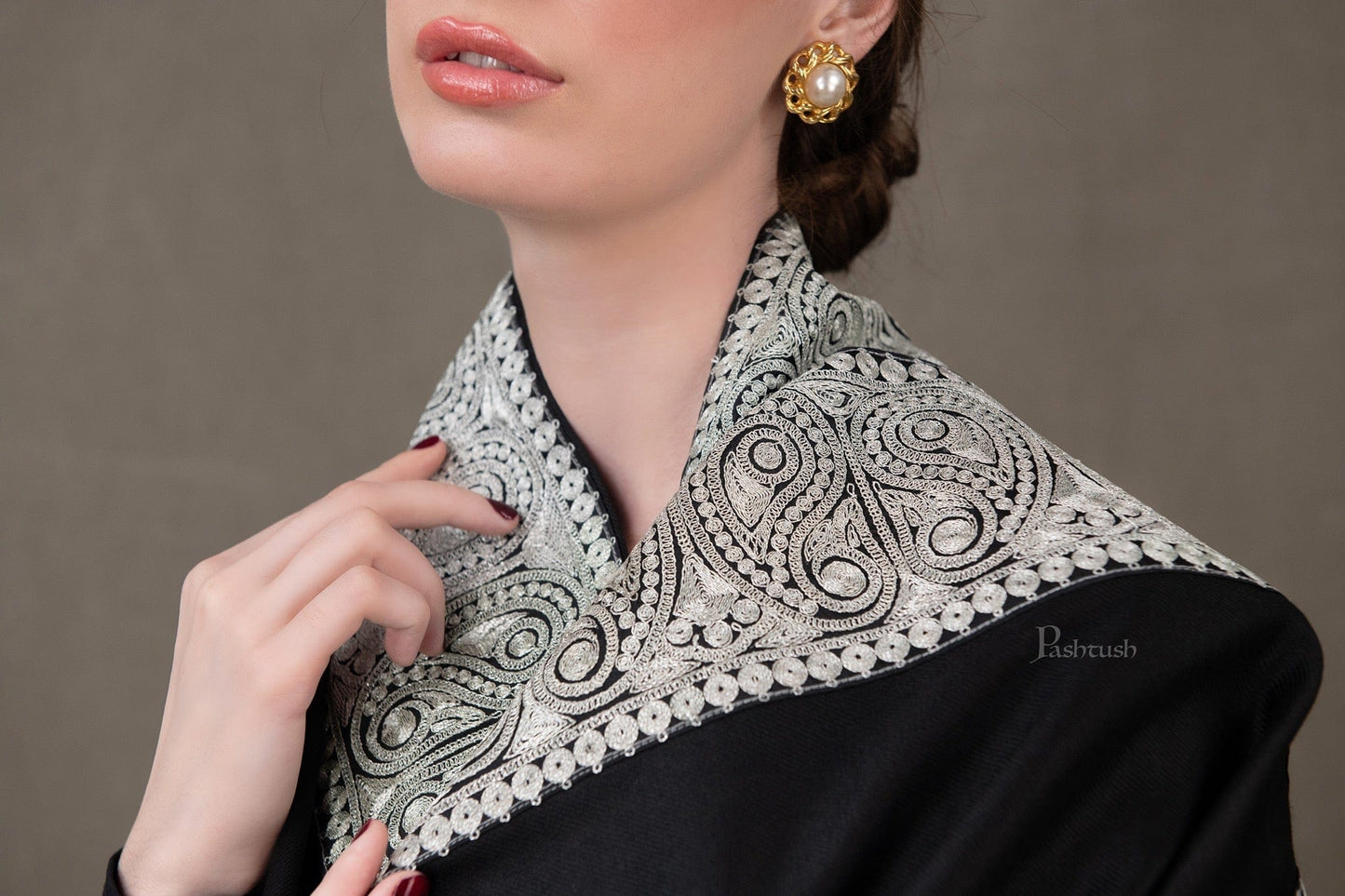 Pashtush India Womens Shawls Pashtush Womens Shawl, Extra Fine Wool, Metallic Tilla Embroidery Border, Design, Black