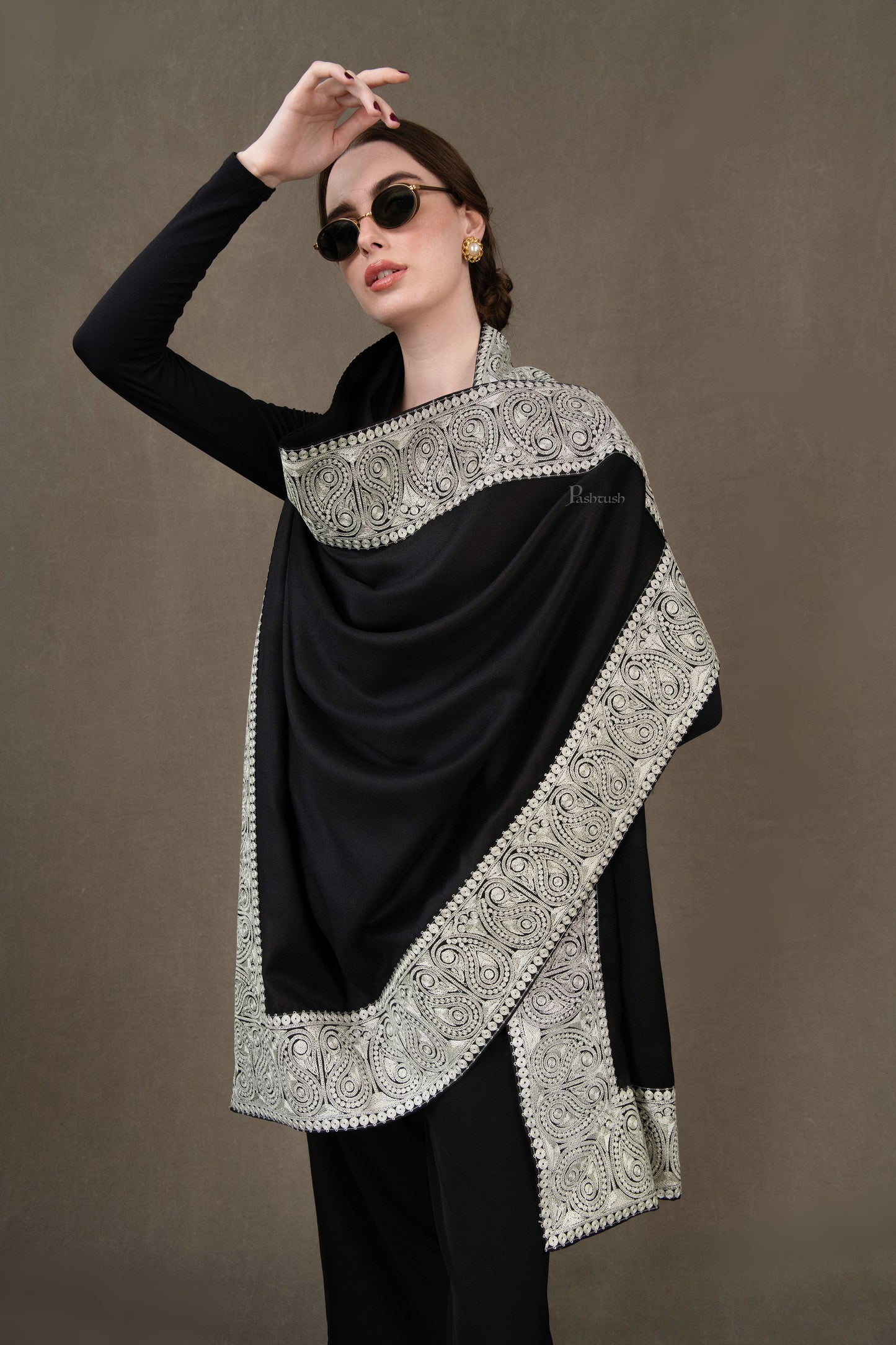 Pashtush India Womens Shawls Pashtush Womens Shawl, Extra Fine Wool, Metallic Tilla Embroidery Border, Design, Black