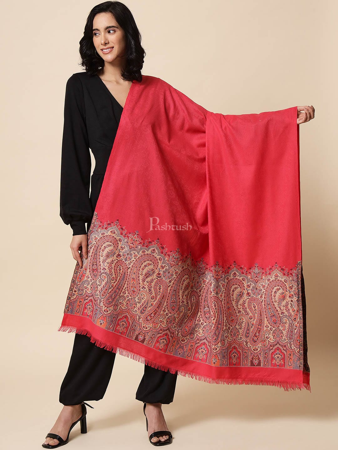 Pashtush India Womens Shawls Pashtush Womens Shawl, Faux Pashmina, Woven Palla Design , Hot Pink