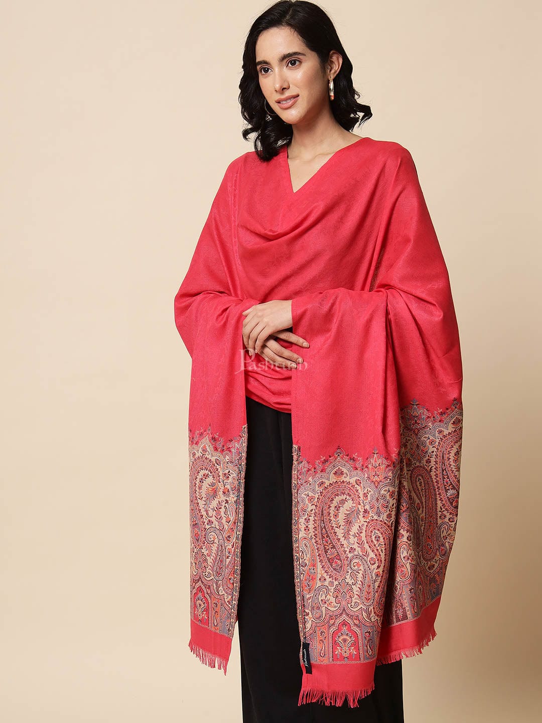 Pashtush India Womens Shawls Pashtush Womens Shawl, Faux Pashmina, Woven Palla Design , Hot Pink