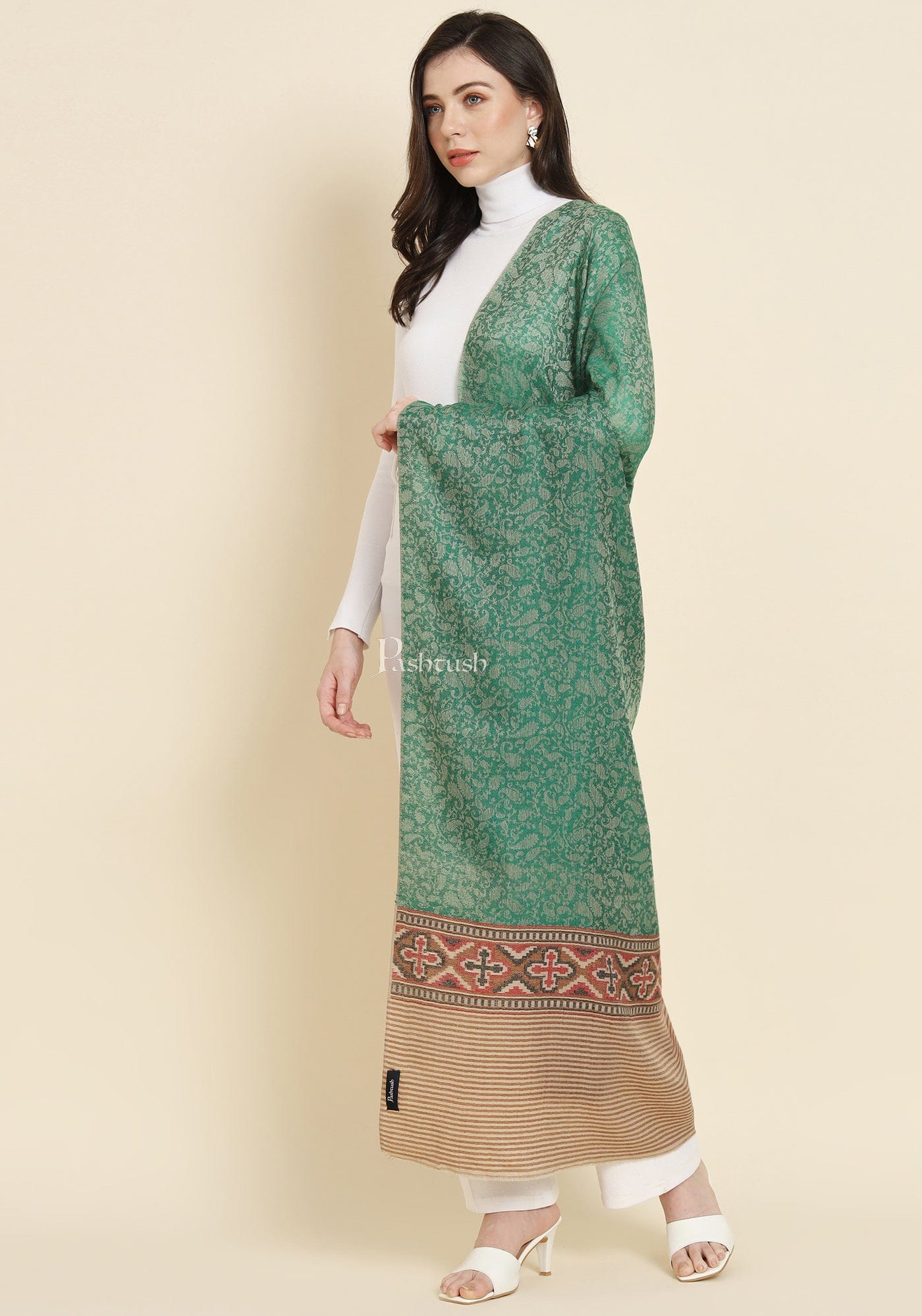 Pashtush India Womens Shawls Pashtush Womens Shawl, Fine Wool, Aztec Weave, Soft light weight, Emerald Green