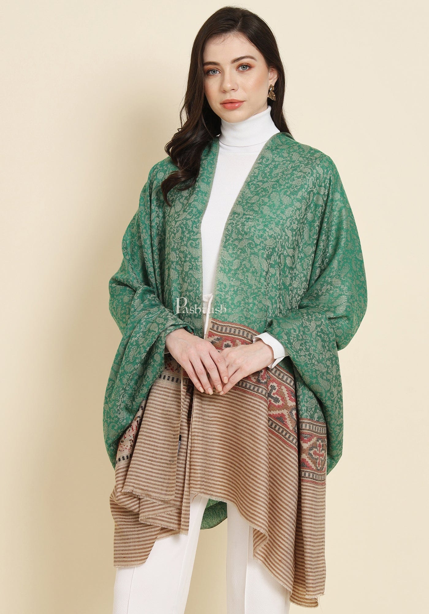 Pashtush India Womens Shawls Pashtush Womens Shawl, Fine Wool, Aztec Weave, Soft light weight, Emerald Green