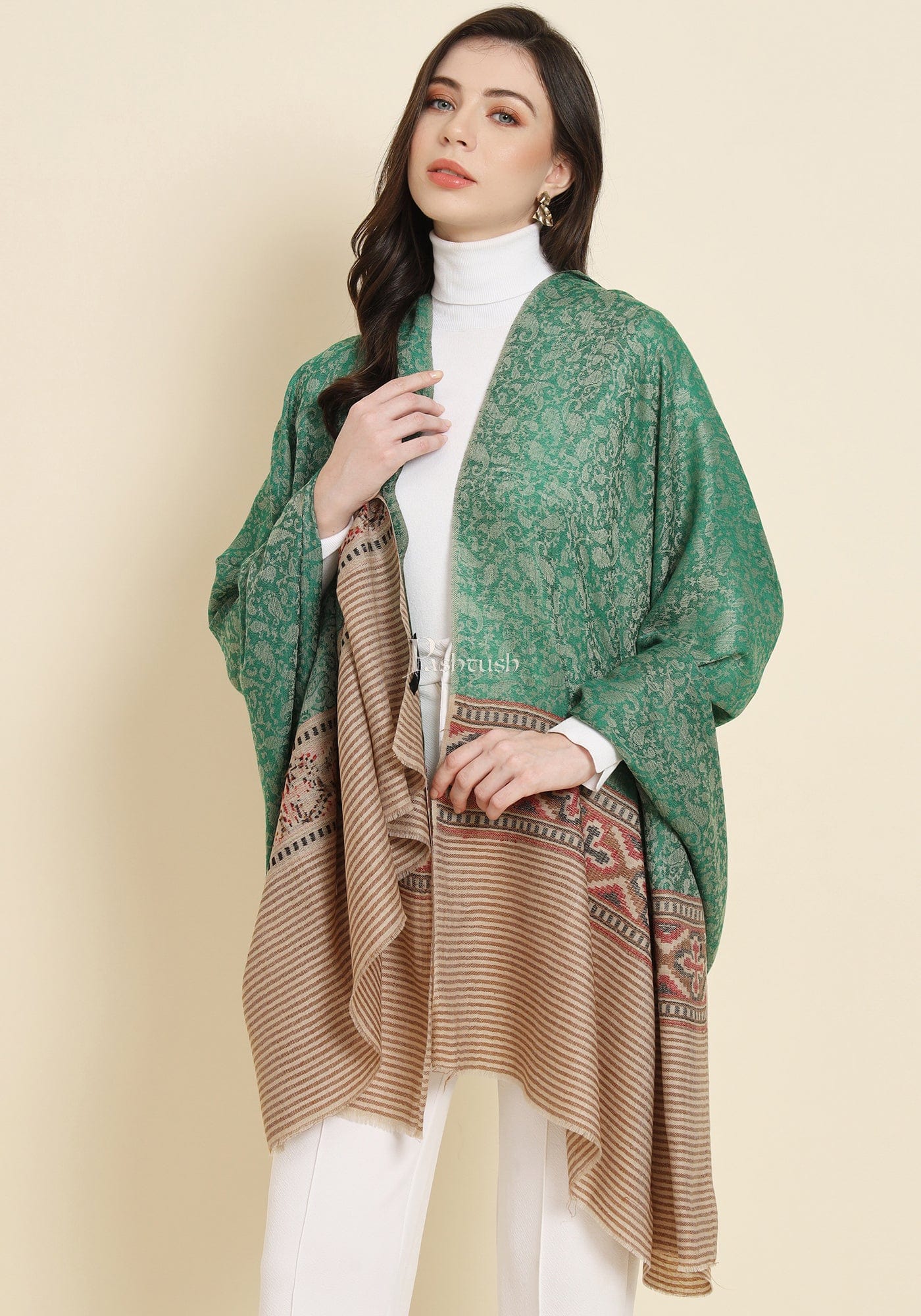Pashtush India Womens Shawls Pashtush Womens Shawl, Fine Wool, Aztec Weave, Soft light weight, Emerald Green