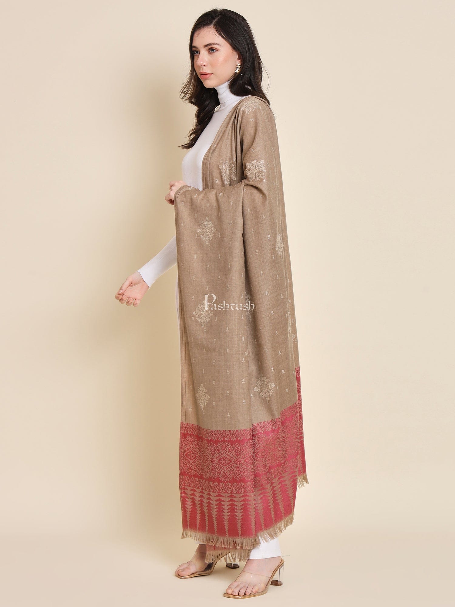 Pashtush India Womens Shawls Pashtush Womens shawl, Fine Wool, Bootey Kashmiri Embroidery, Taupe and Maroon