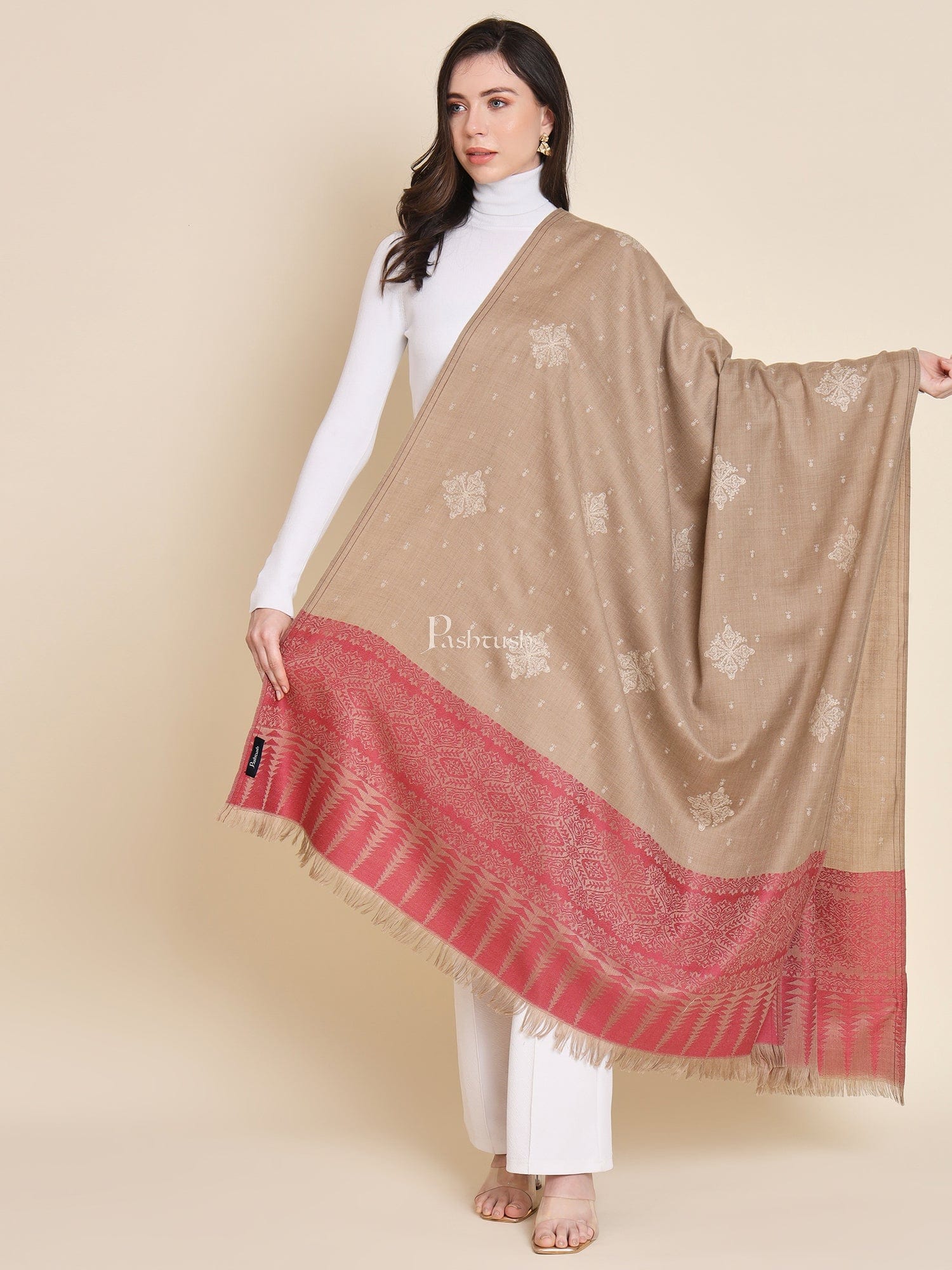 Pashtush India Womens Shawls Pashtush Womens shawl, Fine Wool, Bootey Kashmiri Embroidery, Taupe and Maroon