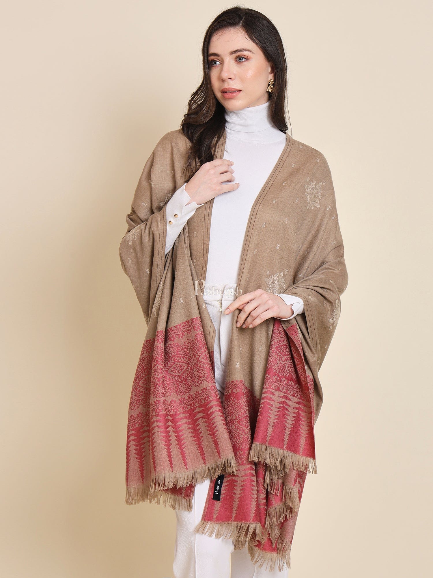 Pashtush India Womens Shawls Pashtush Womens shawl, Fine Wool, Bootey Kashmiri Embroidery, Taupe and Maroon
