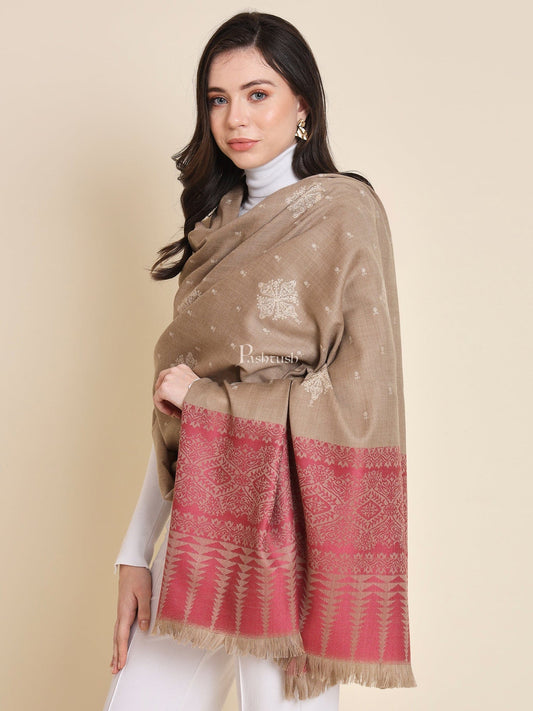 Pashtush India Womens Shawls Pashtush Womens shawl, Fine Wool, Bootey Kashmiri Embroidery, Taupe and Maroon