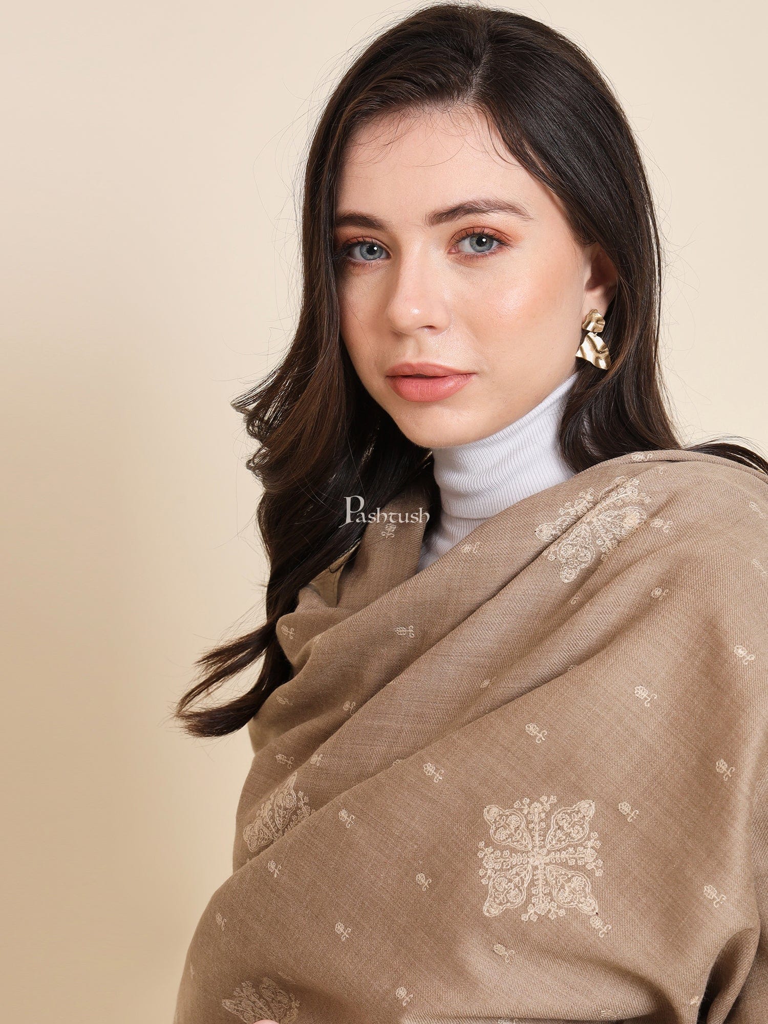 Pashtush India Womens Shawls Pashtush Womens shawl, Fine Wool, Bootey Kashmiri Embroidery, Taupe and Maroon