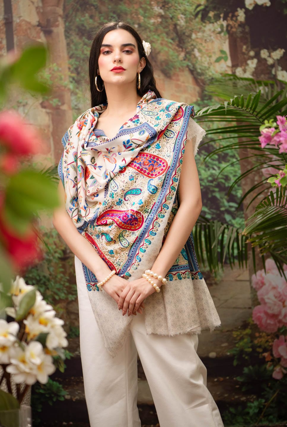 Pashtush India Womens Shawls Pashtush Womens Shawl, Fine Wool, Hand Embroidery, Kalamkari Design, Blue, Soft and Warm, Ivory