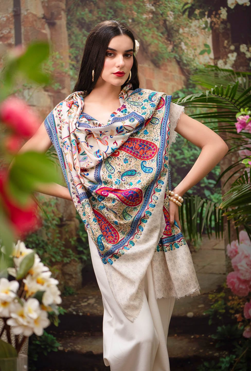 Pashtush India Womens Shawls Pashtush Womens Shawl, Fine Wool, Hand Embroidery, Kalamkari Design, Blue, Soft and Warm, Ivory