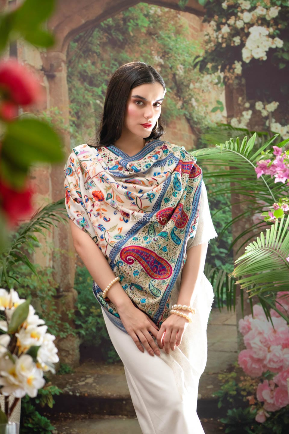 Pashtush India Womens Shawls Pashtush Womens Shawl, Fine Wool, Hand Embroidery, Kalamkari Design, Blue, Soft and Warm, Ivory