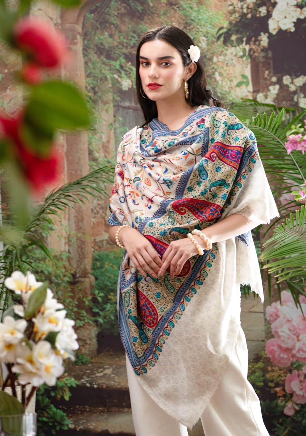 Pashtush India Womens Shawls Pashtush Womens Shawl, Fine Wool, Hand Embroidery, Kalamkari Design, Blue, Soft and Warm, Ivory