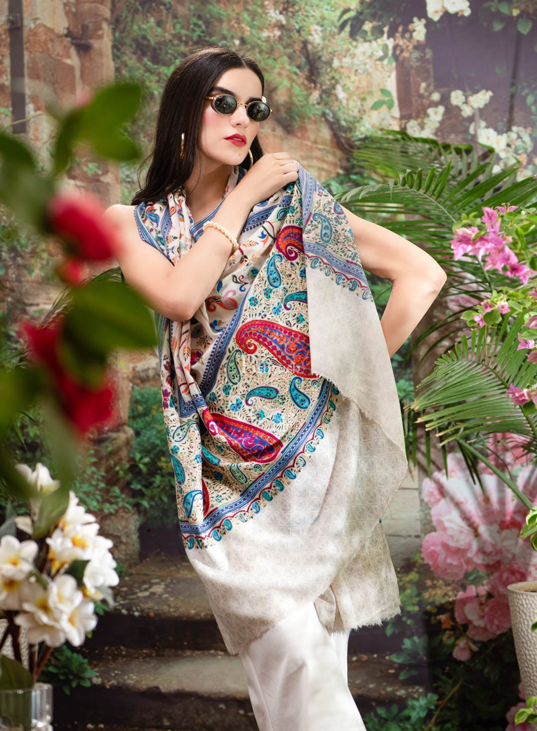 Pashtush India Womens Shawls Pashtush Womens Shawl, Fine Wool, Hand Embroidery, Kalamkari Design, Blue, Soft and Warm, Ivory