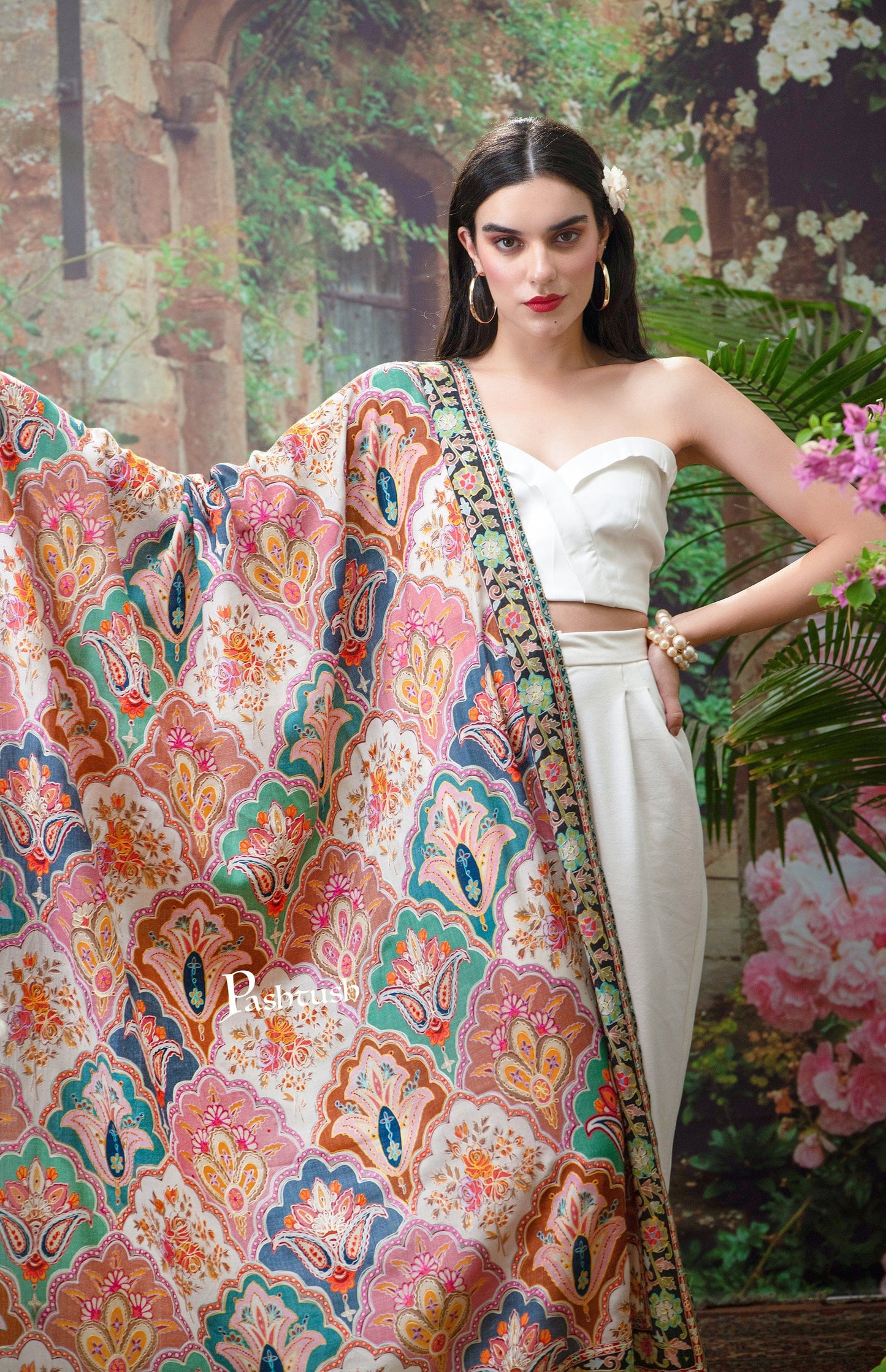 Pashtush India Womens Shawls Pashtush Womens Shawl, Fine Wool, Hand Embroidery, Kalamkari Design, Multicolour, Soft and Warm