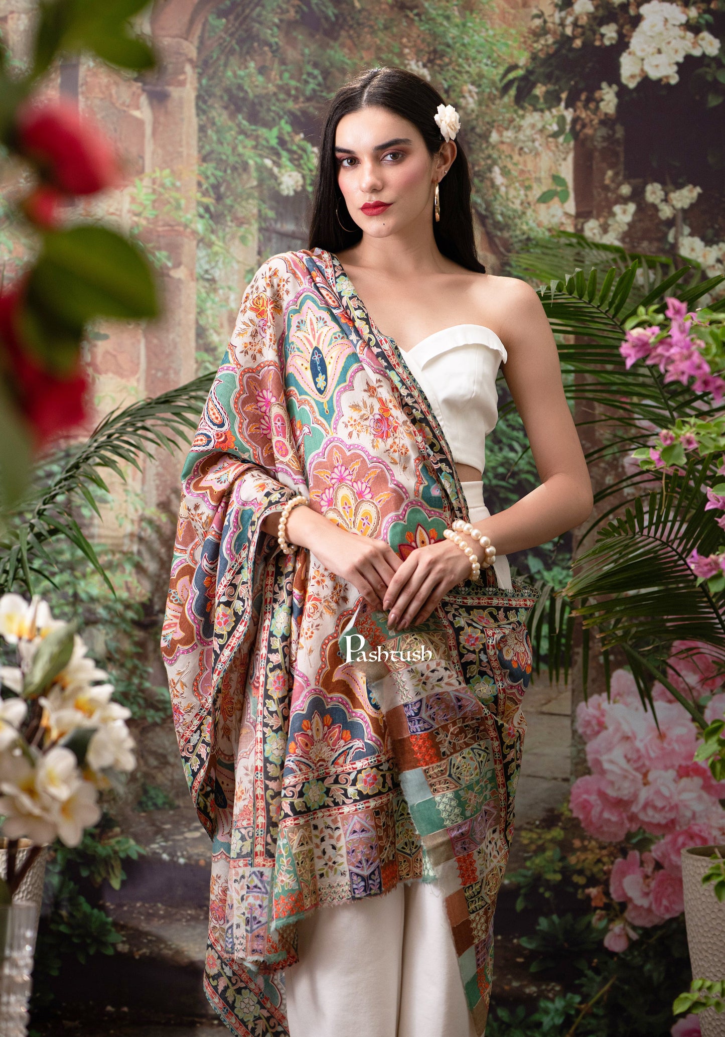 Pashtush India Womens Shawls Pashtush Womens Shawl, Fine Wool, Hand Embroidery, Kalamkari Design, Multicolour, Soft and Warm
