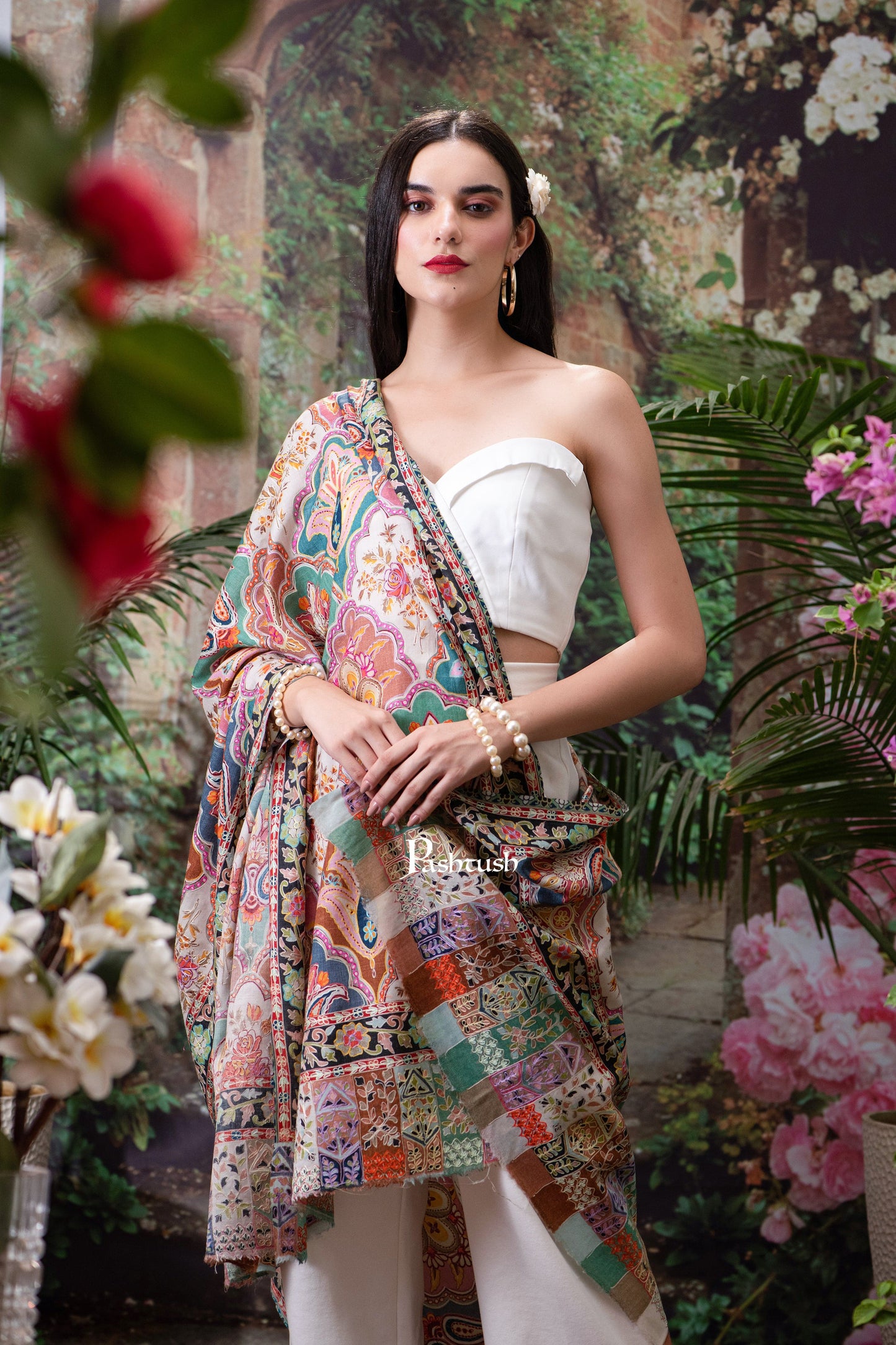 Pashtush India Womens Shawls Pashtush Womens Shawl, Fine Wool, Hand Embroidery, Kalamkari Design, Multicolour, Soft and Warm